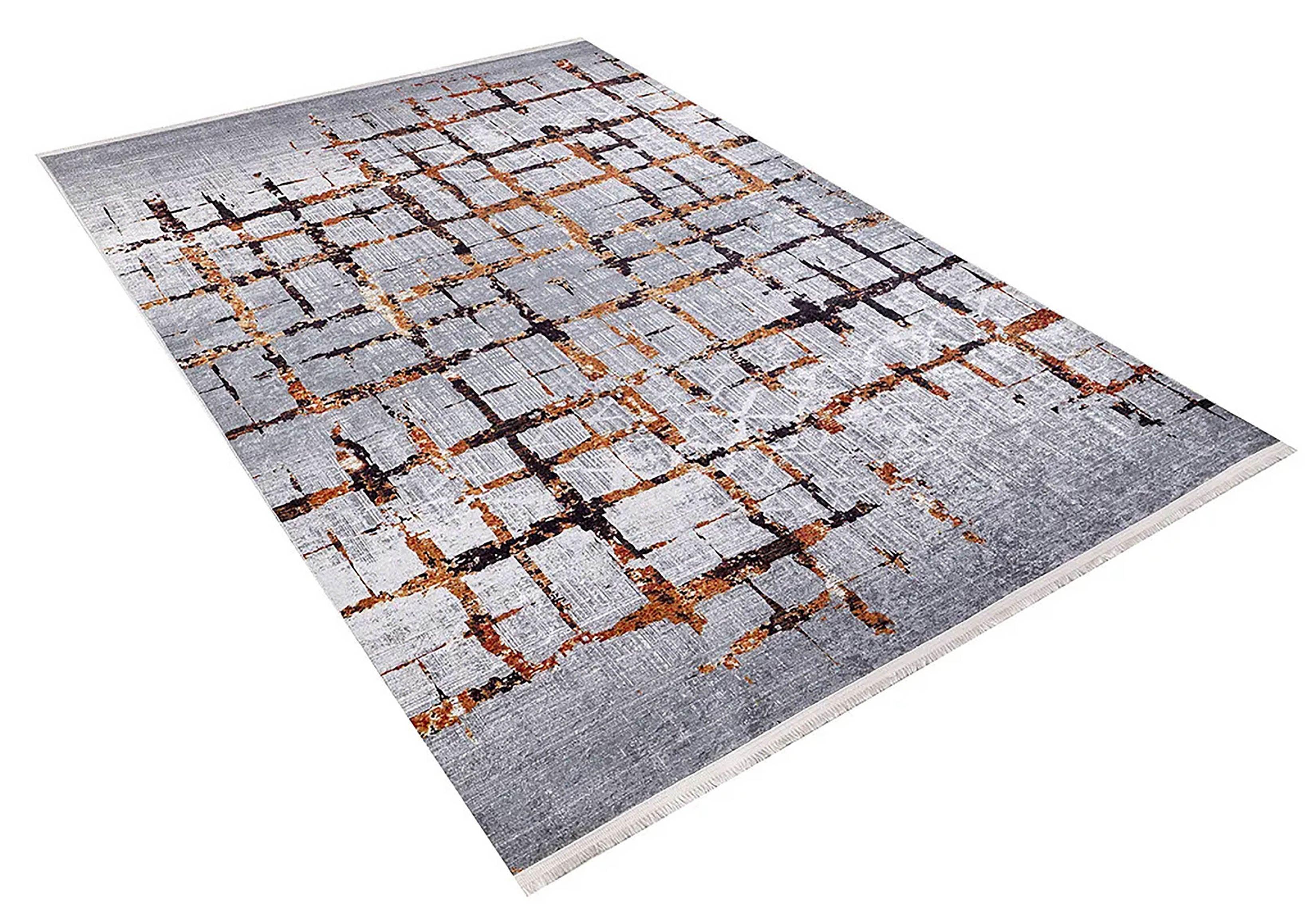 Gri Turuncu Izgara Desen Modern Halı