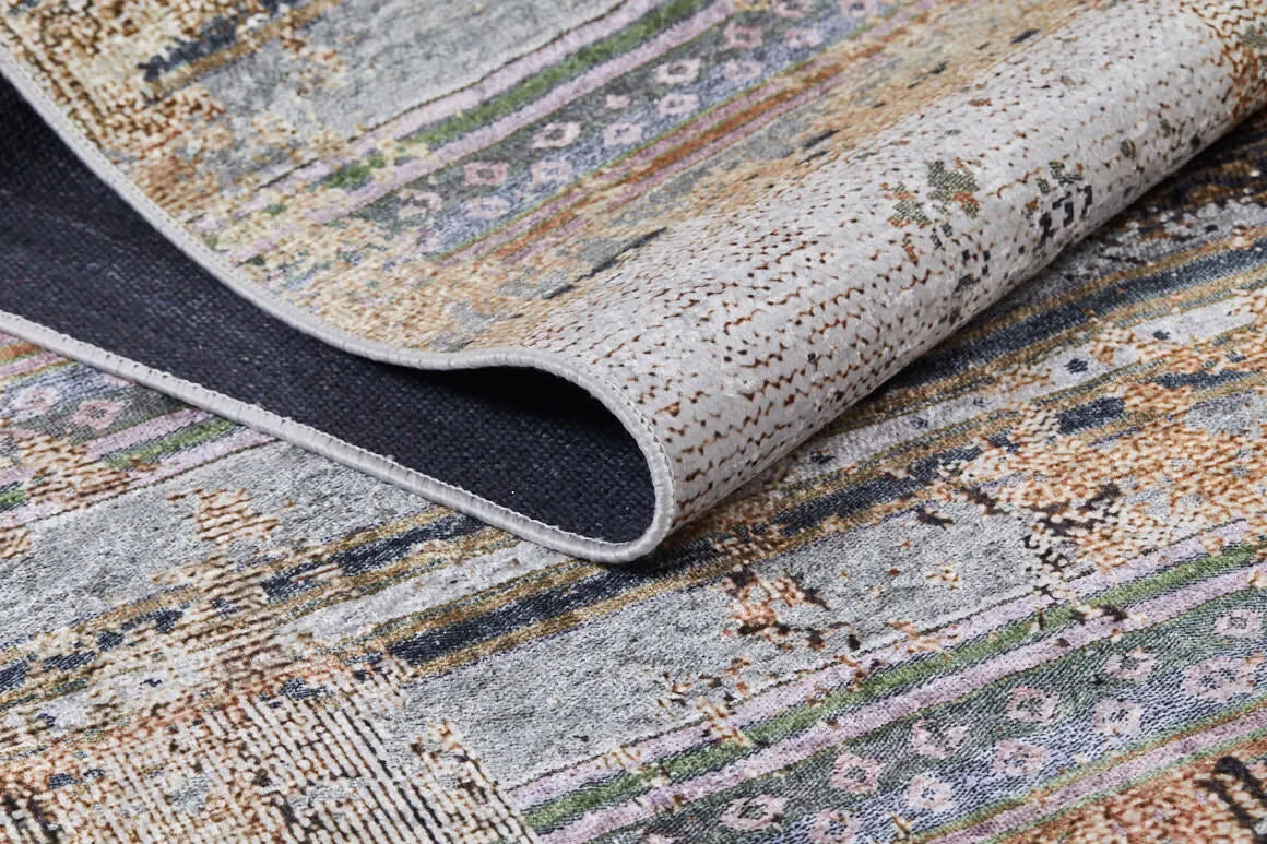 Gri Turuncu Kahve Patchwork Görünümlü Eskitme Halı
