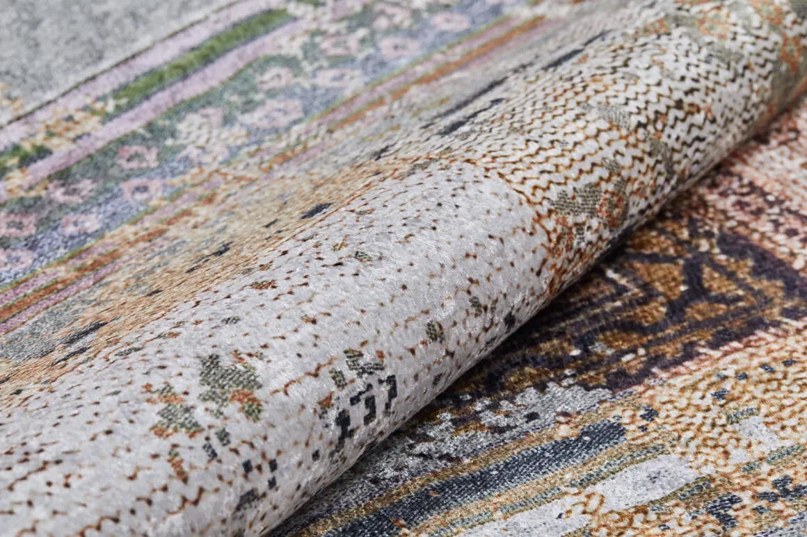 Gri Turuncu Kahve Patchwork Görünümlü Eskitme Halı