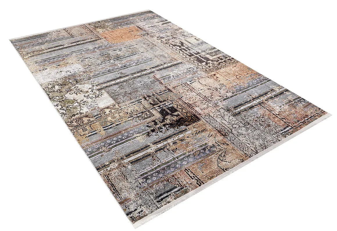 Gri Turuncu Kahve Patchwork Görünümlü Eskitme Halı