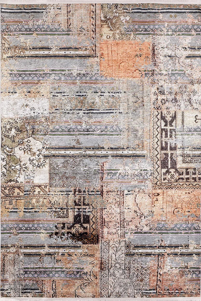 Gri Turuncu Kahve Patchwork Görünümlü Eskitme Halı