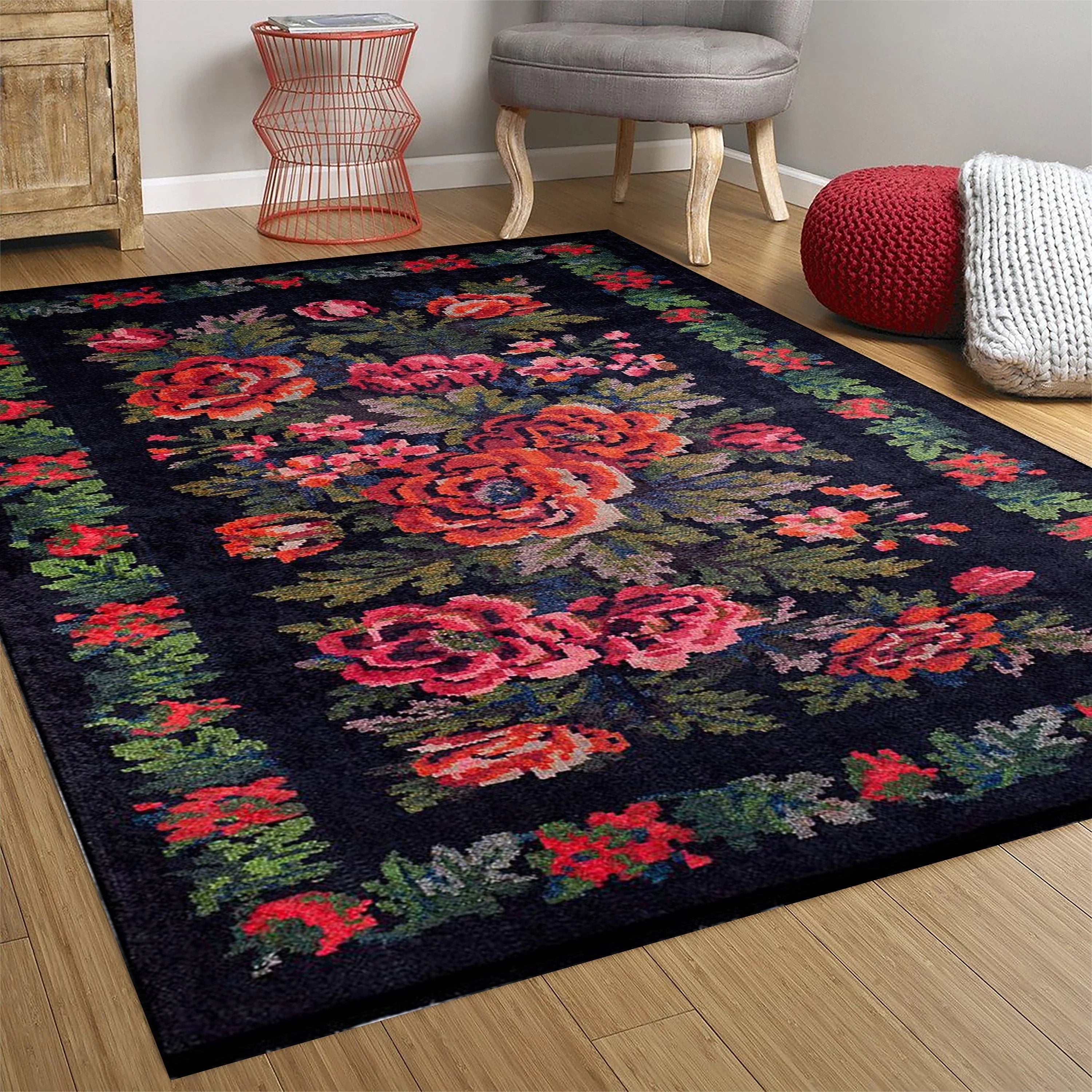 Gül Desenli Siyah Karabağ Kilim Halı