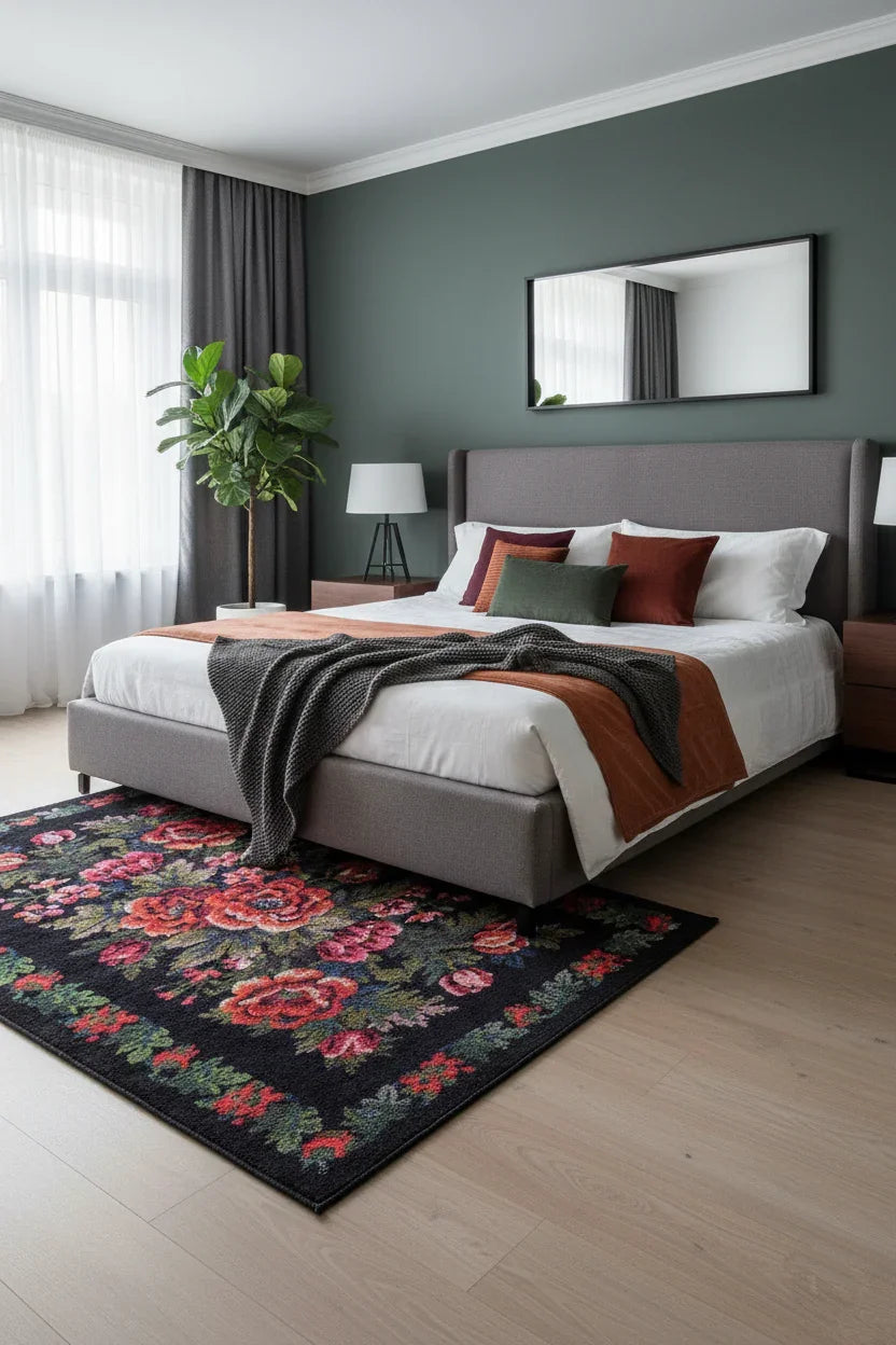 Gül Desenli Siyah Karabağ Kilim Halı
