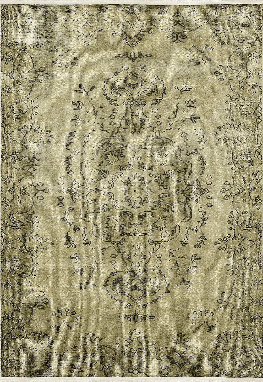 Haki Yeşil Klasik Eskitme Vintage Floral Salon Halısı-Pera Halı