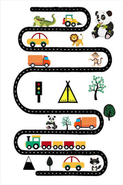 Hayvan Figürlü Renkli Yol Desenli Yıkanabilir Çocuk Halısı