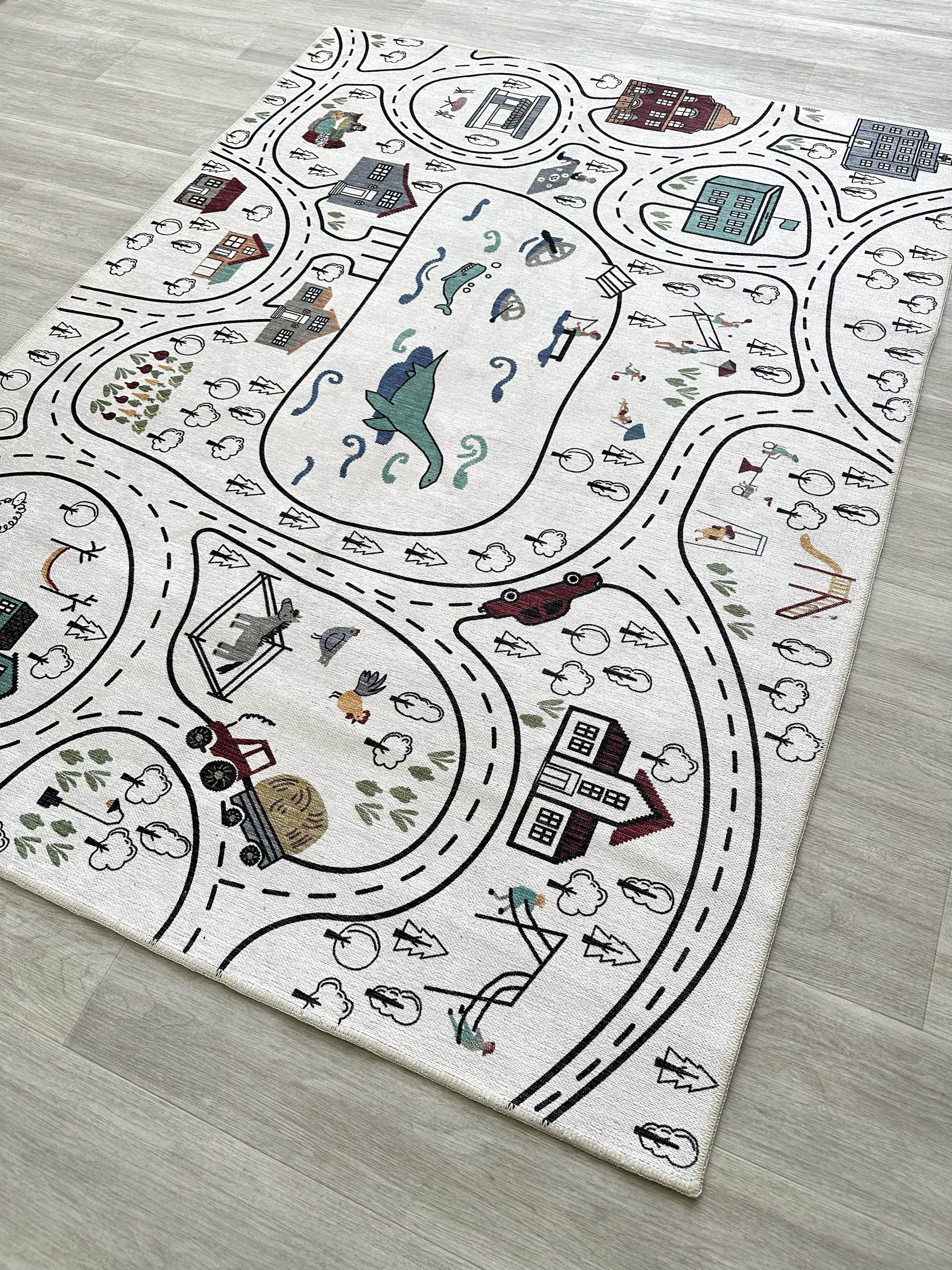 Macera Kasabası ve Yol Desenli Yıkanabilir Çocuk Oyun Halısı - KID8646WM