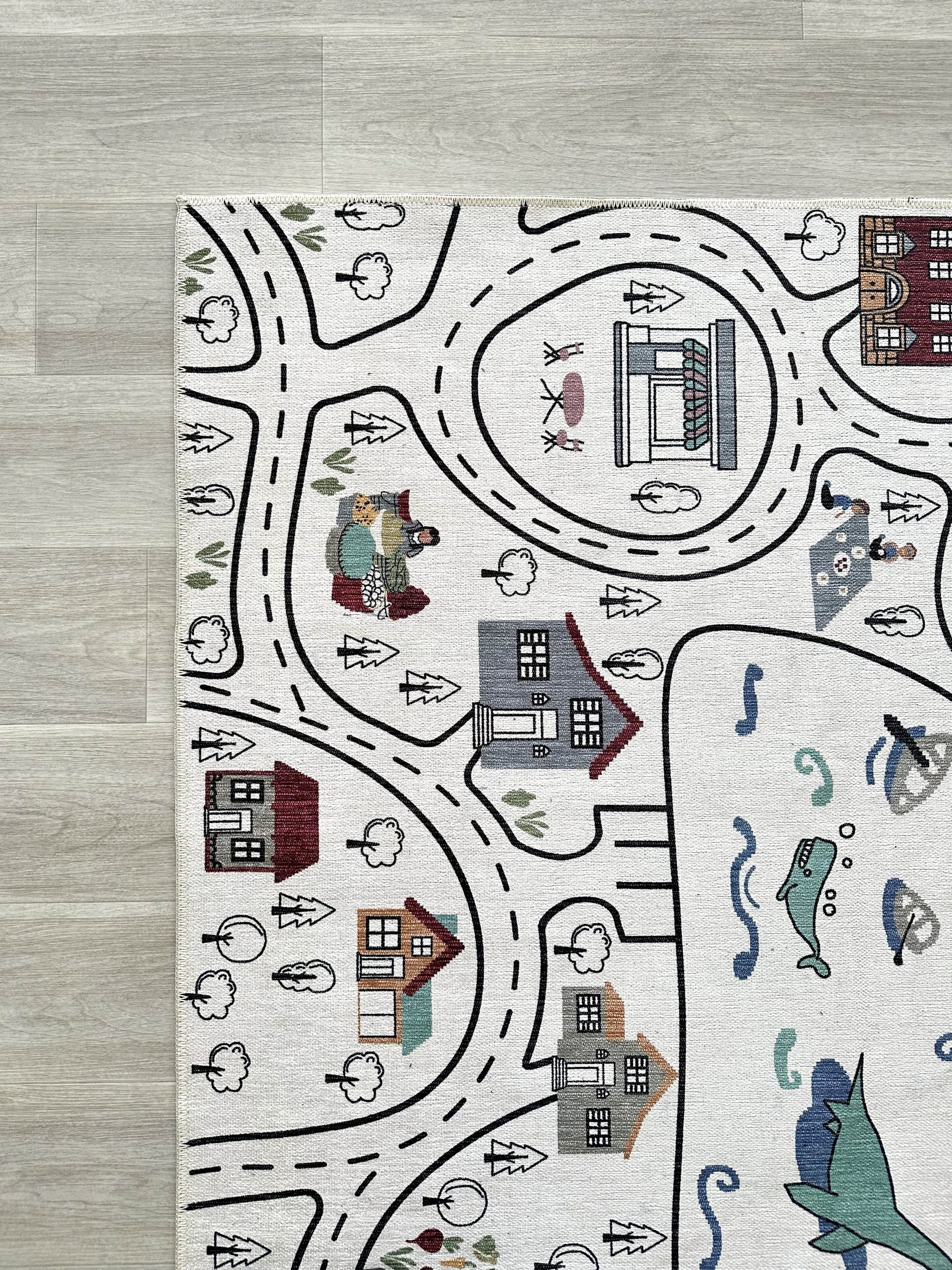 Macera Kasabası ve Yol Desenli Yıkanabilir Çocuk Oyun Halısı - KID8646WM
