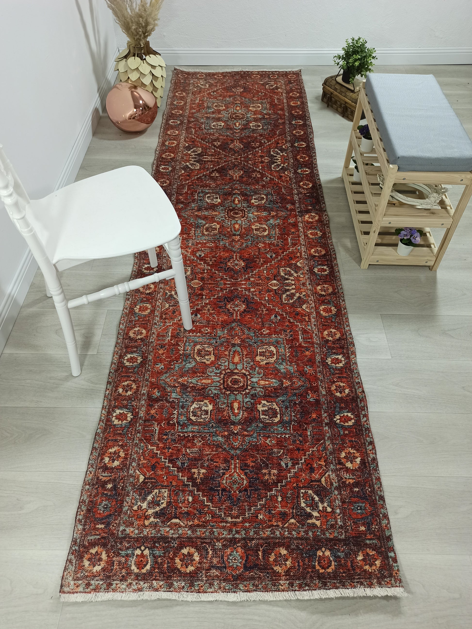 Kiremit ve Lacivert Medalyonlu Vintage Yolluk