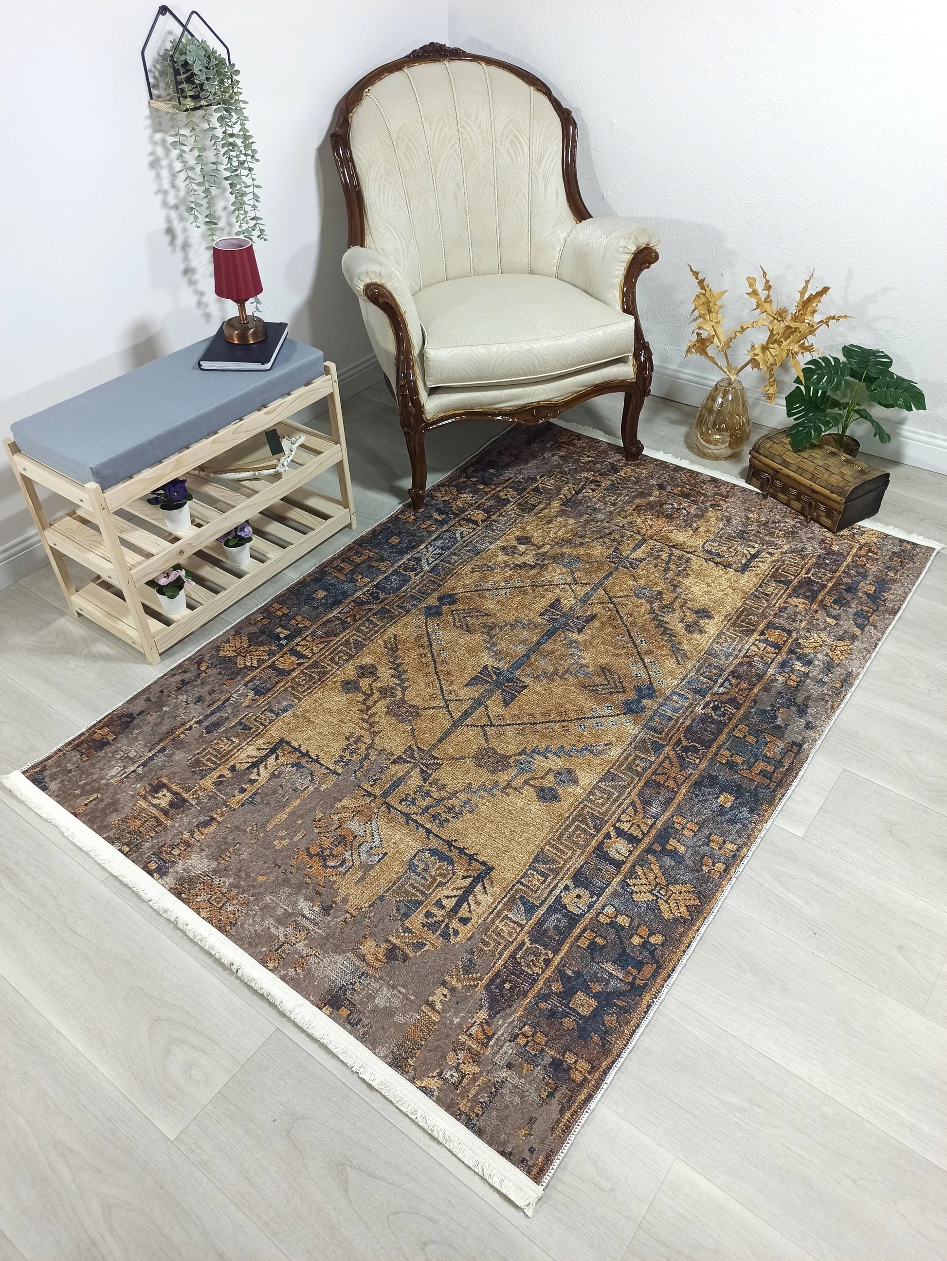 İran Kahverengi Sarı Vintage Yazlık Halı