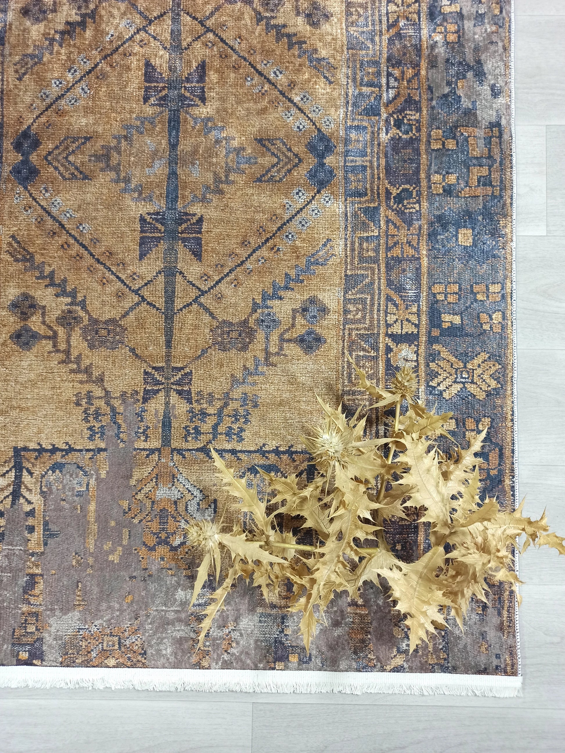 İran Kahverengi Sarı Vintage Yazlık Halı