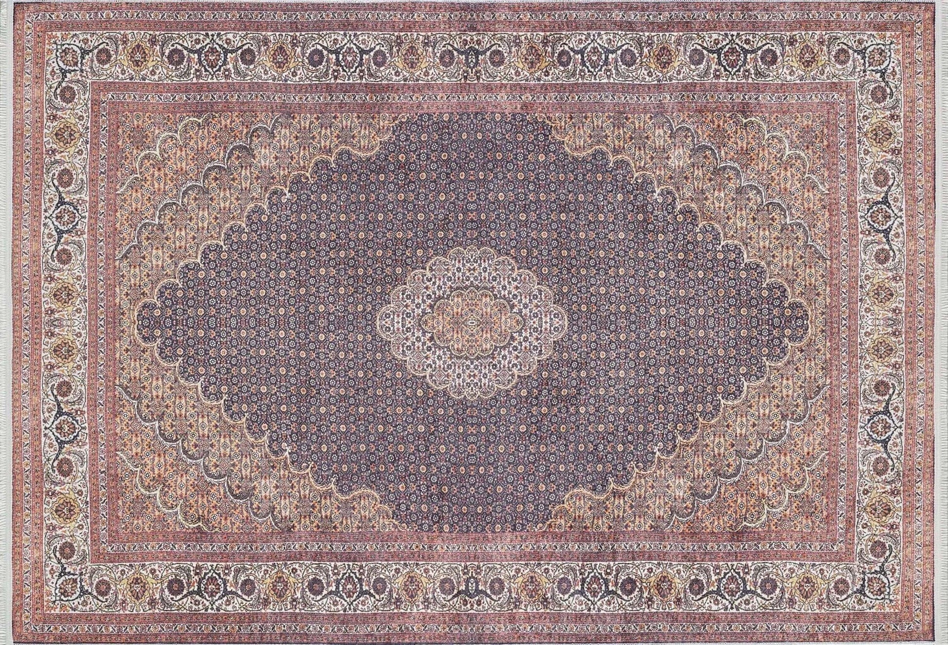İran Kırmızı, Bej & Koyu Lacivert Madalyon Desenli Halı