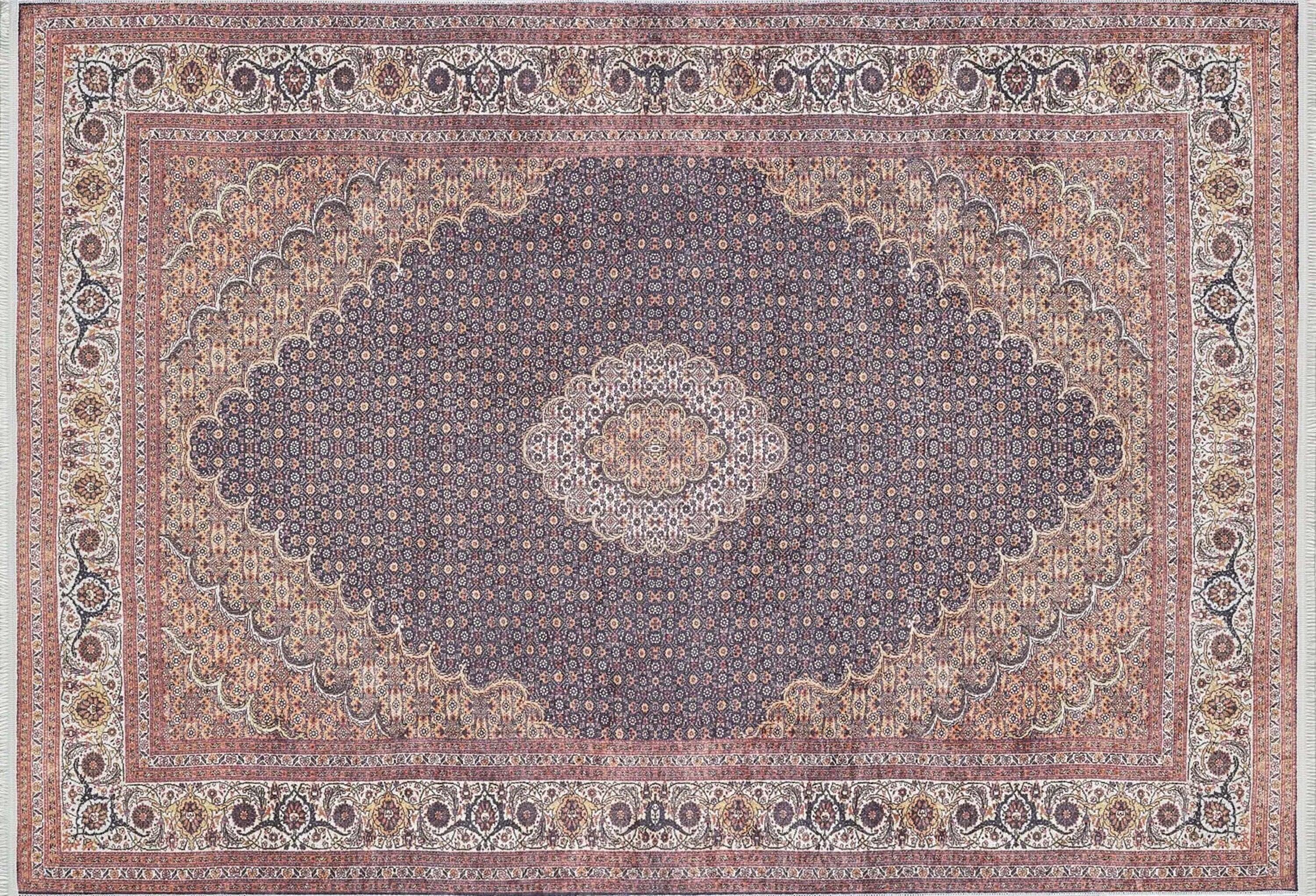 İran Kırmızı, Bej & Koyu Lacivert Madalyon Desenli Halı