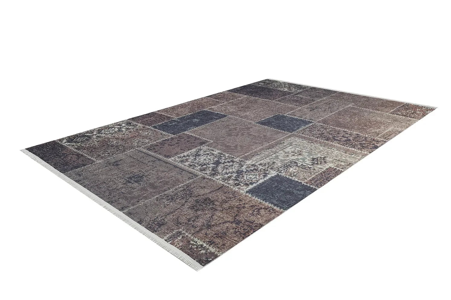 Kahve Bej Gri Eskitme Patchwork Görünümlü Halı