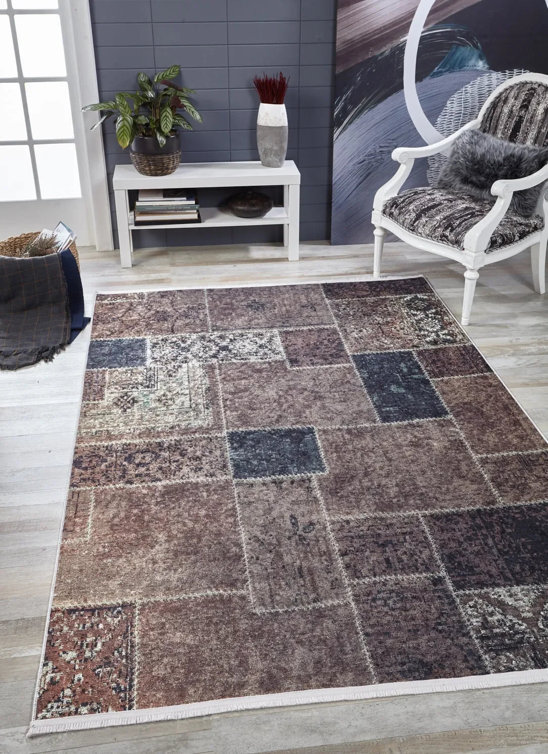 Kahve Bej Gri Eskitme Patchwork Görünümlü Halı