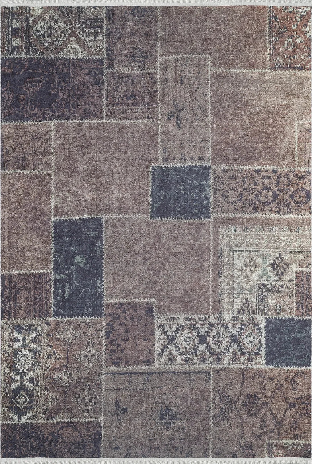Kahve Bej Gri Eskitme Patchwork Görünümlü Halı