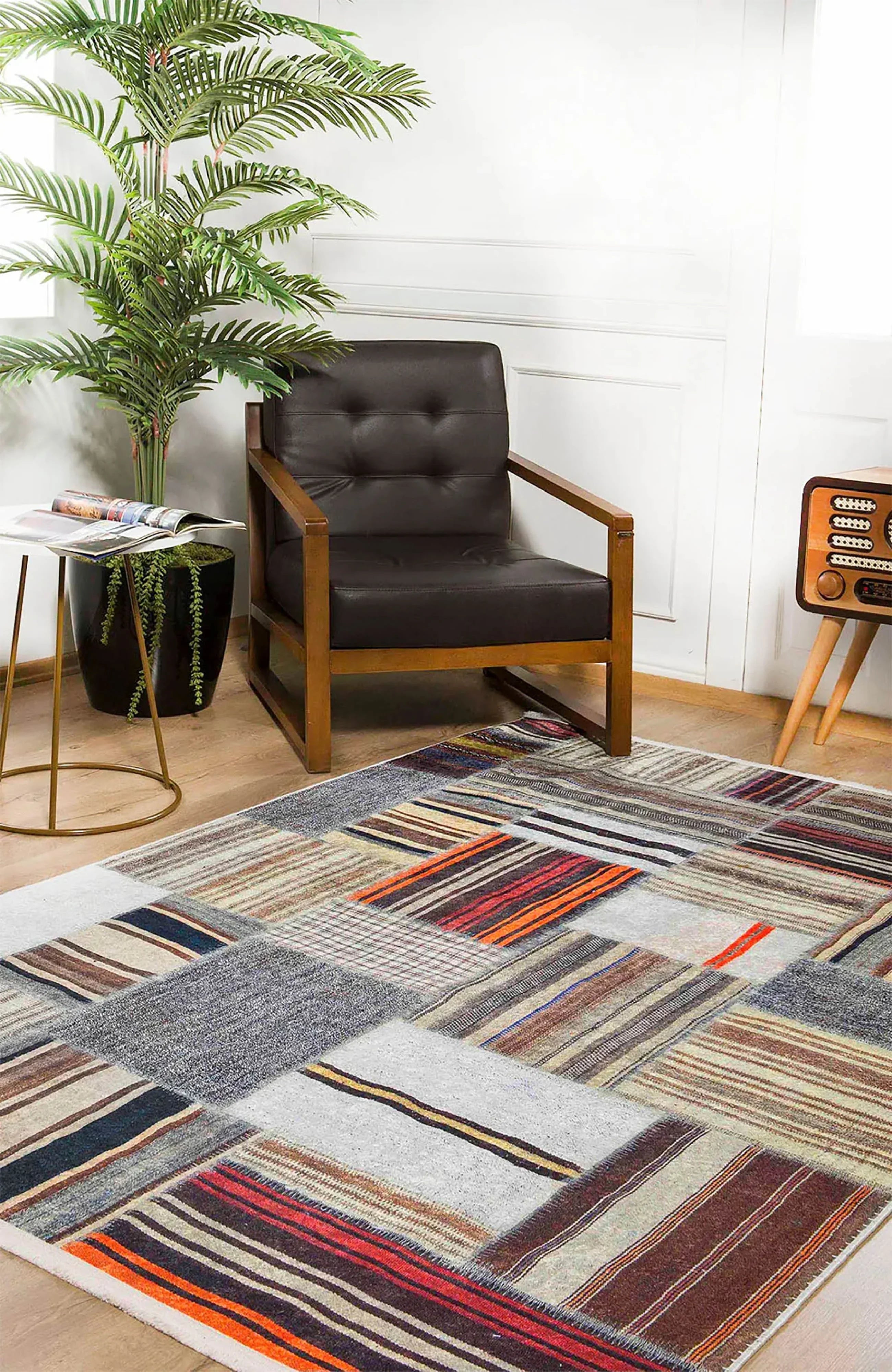 Kahve Bej Patchwork Görünümlü Otantik Şeritli Bohem Kilim Halısı