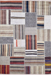 Kahve Bej Patchwork Görünümlü Otantik Şeritli Bohem Kilim Halısı