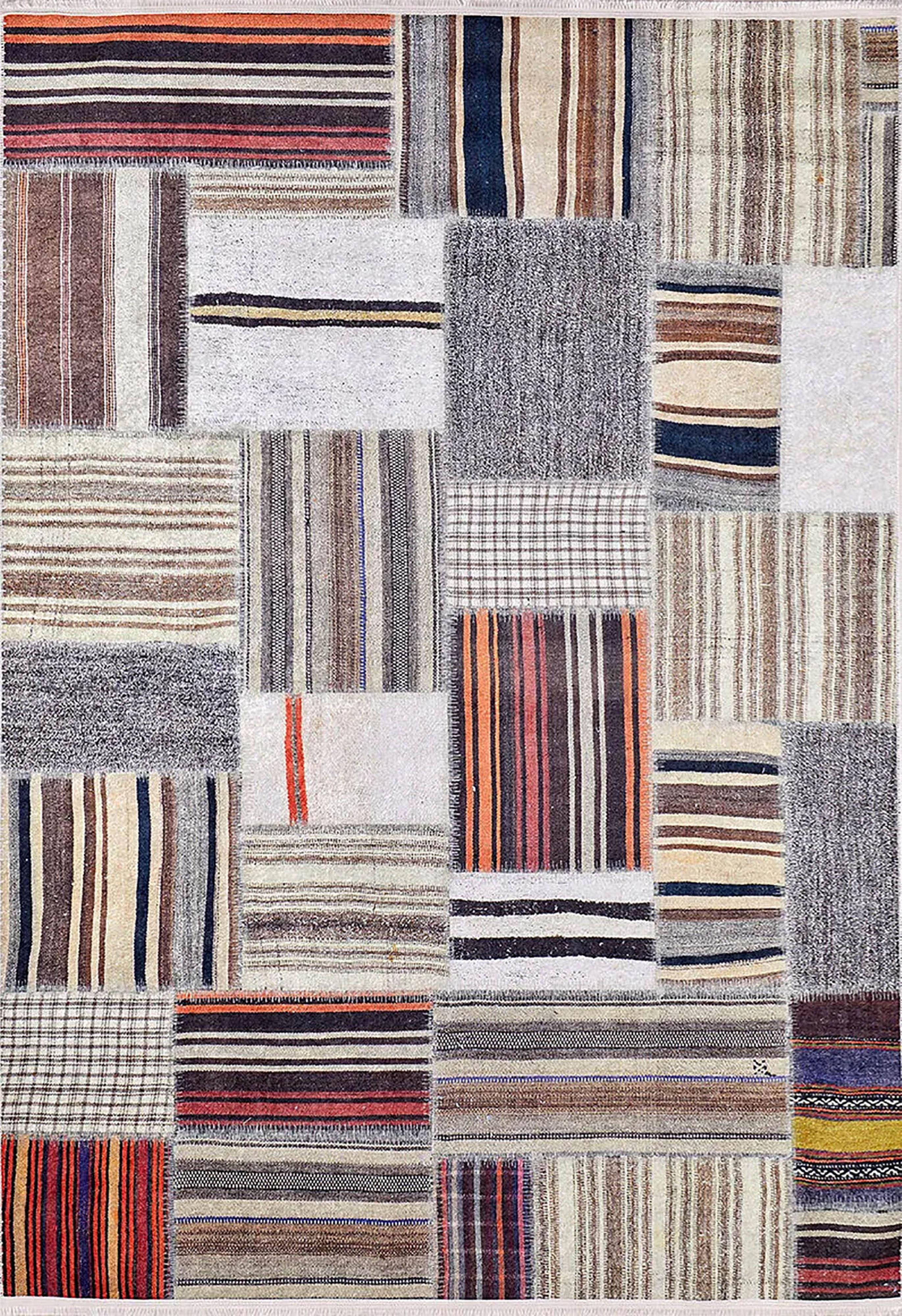 Kahve Bej Patchwork Görünümlü Otantik Şeritli Bohem Kilim Halısı