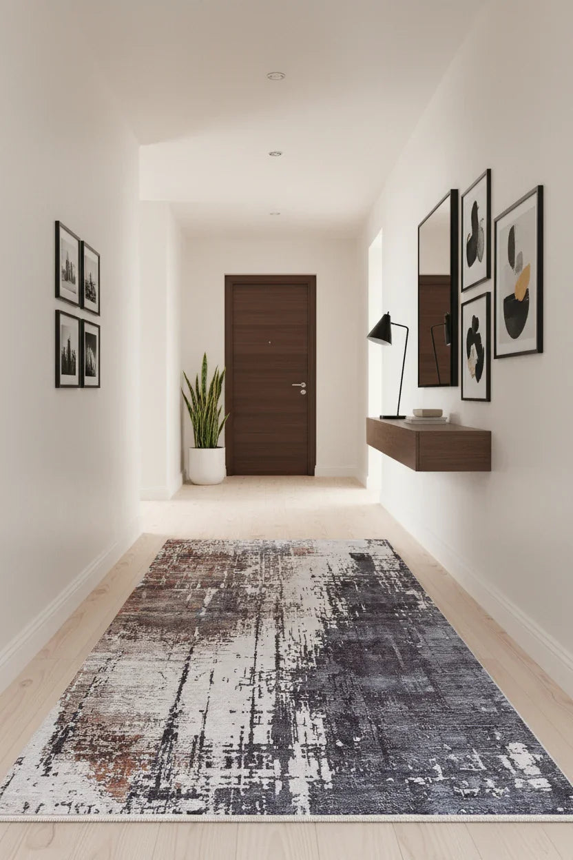 Kahve, Gri ve Beyaz Modern Soyut Sanat Halısı