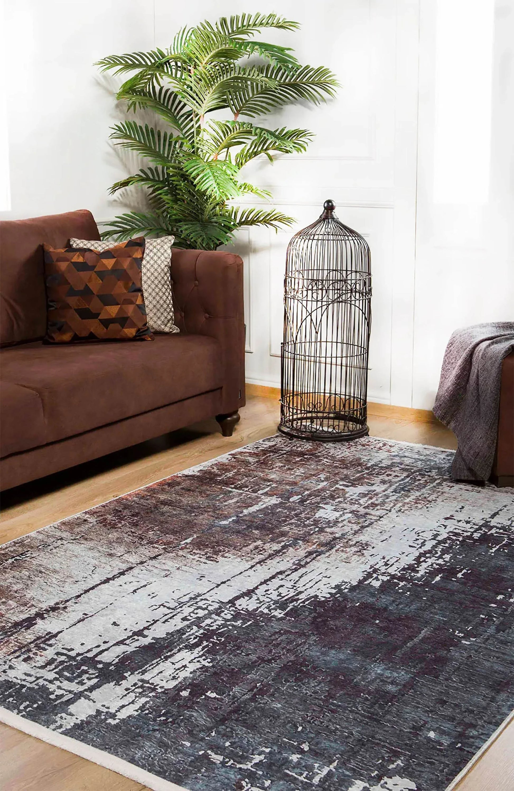 Kahve, Gri ve Beyaz Modern Soyut Sanat Halısı