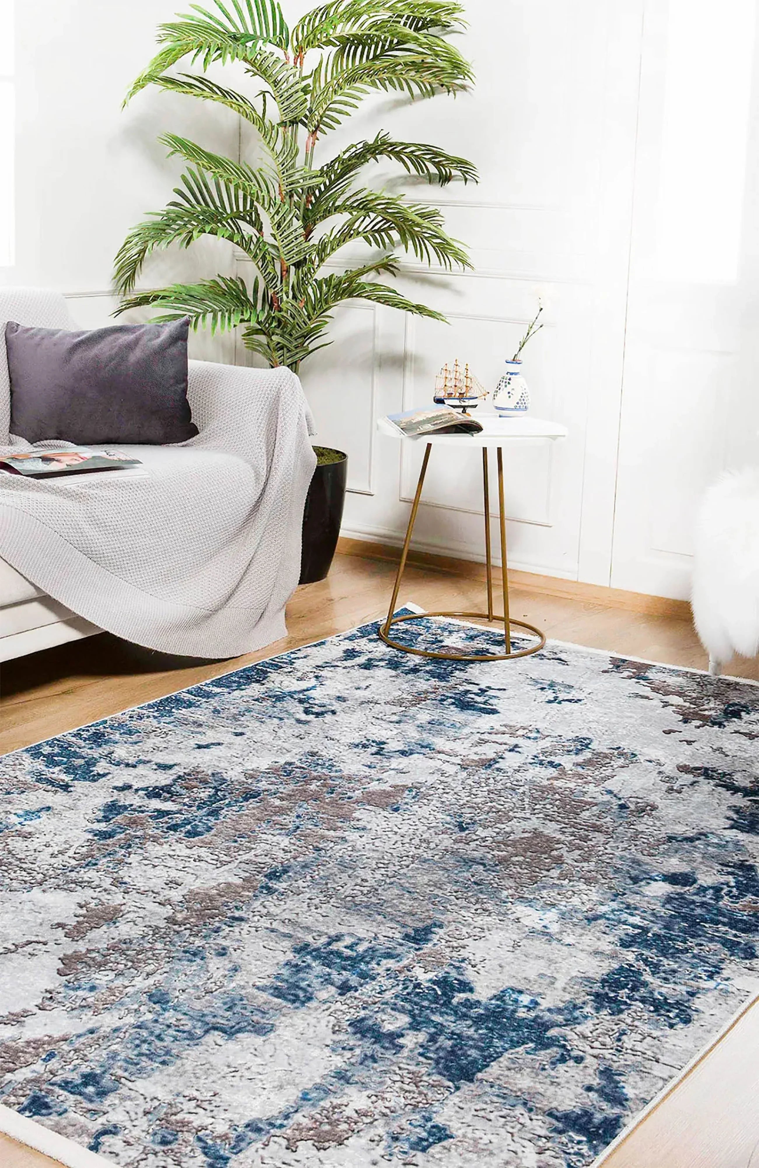 Kahve Mavi Soyut Modern Eskitme Halı