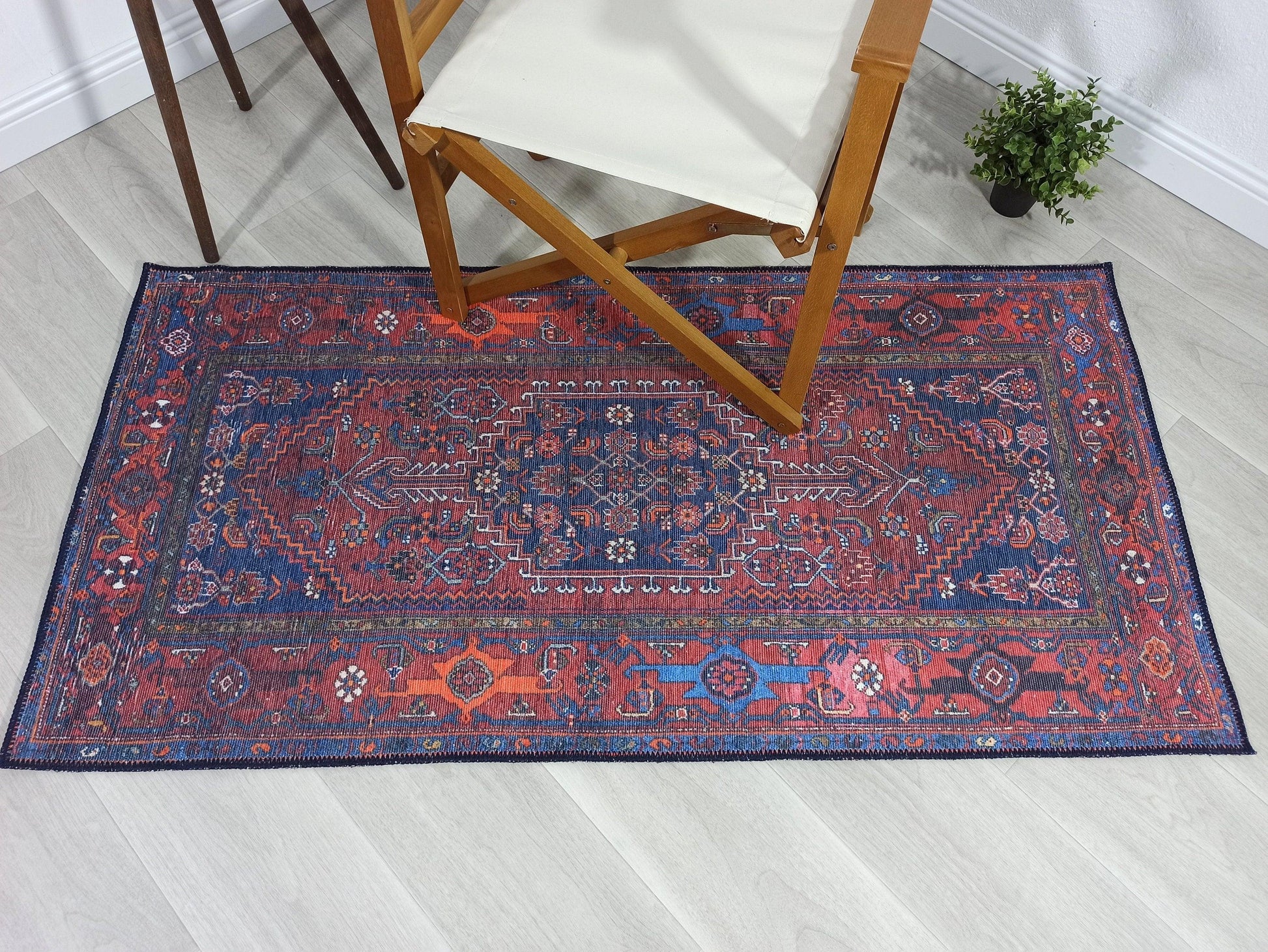 Kahverengi, Turuncu ve Lacivert Motifli Vintage Halı