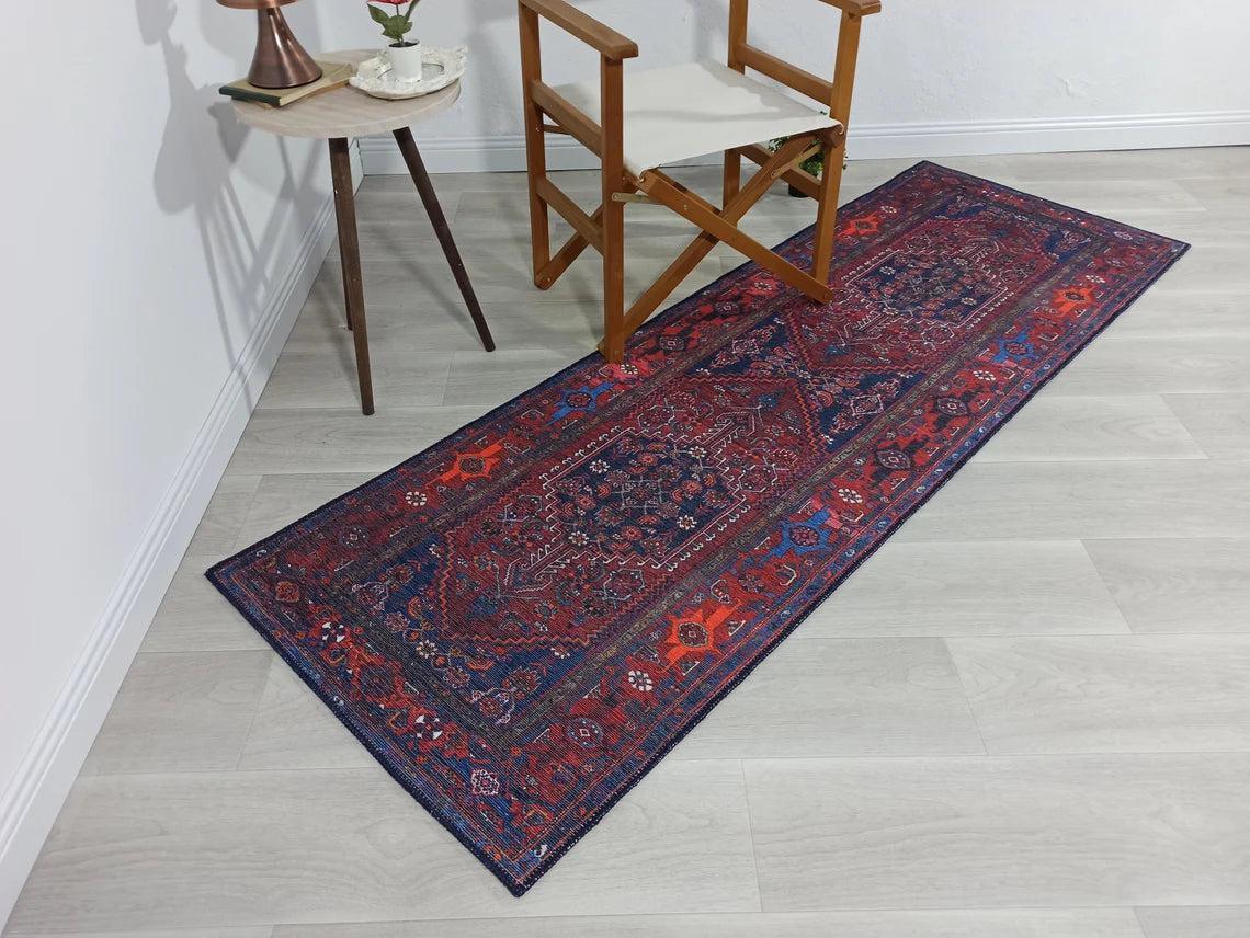 Kahverengi, Turuncu ve Lacivert Motifli Vintage Halı