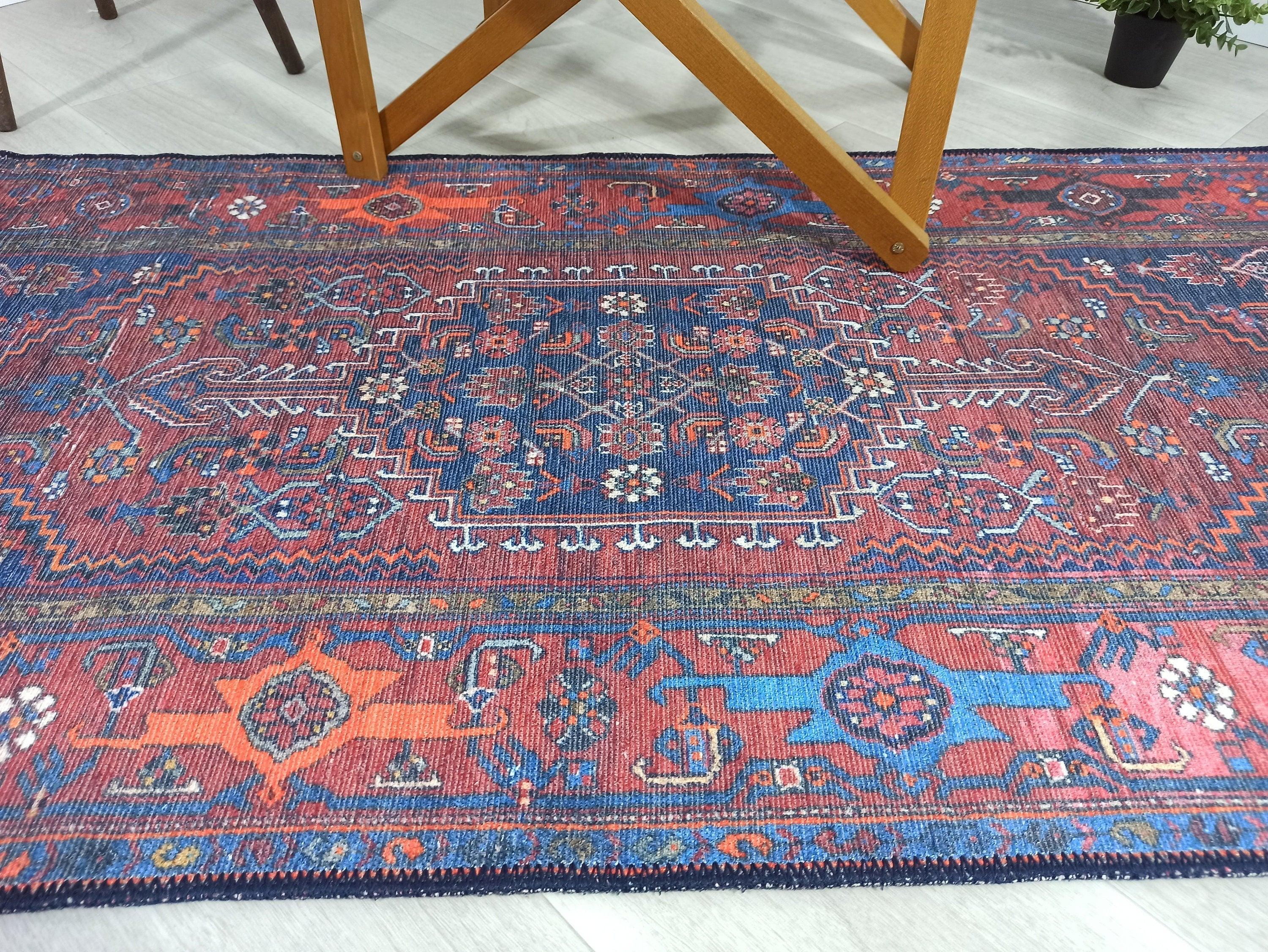 Kahverengi, Turuncu ve Lacivert Motifli Vintage Halı