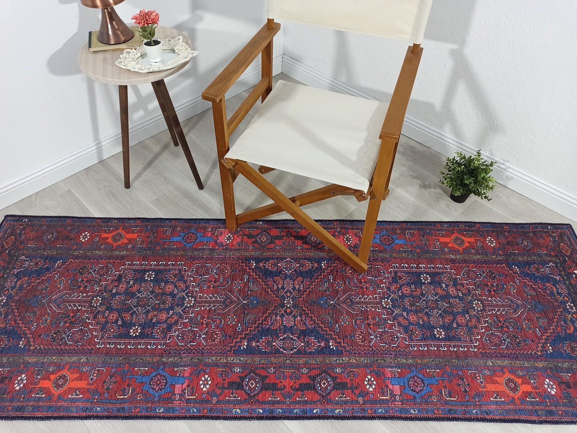 Kahverengi, Turuncu ve Lacivert Motifli Vintage Halı