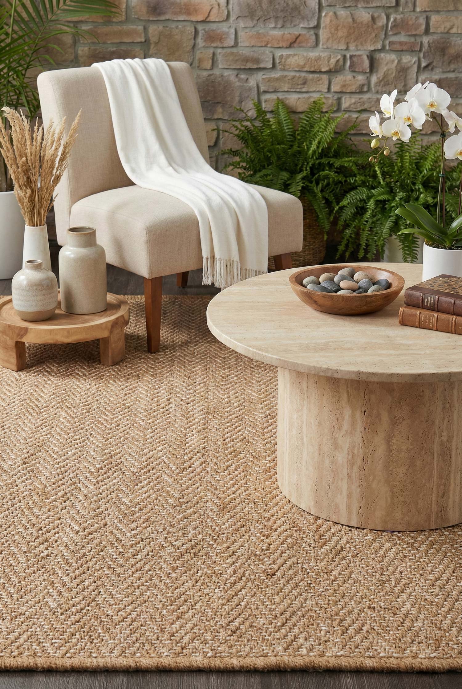 Kahve ve Beyaz Küçük Zikzak Sisal Halı - FM03W