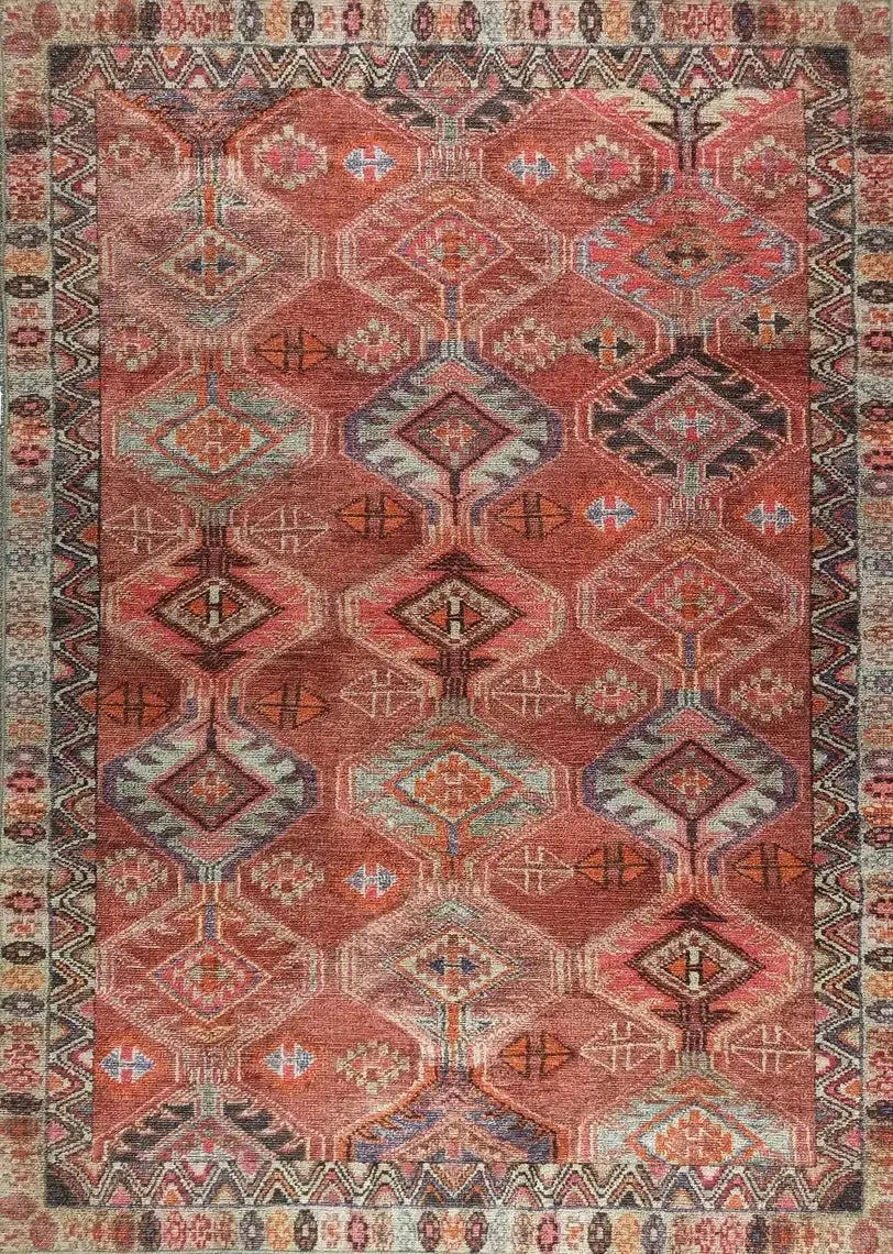 Terracotta ve Turuncu Elmas Desenli Vintage Halı