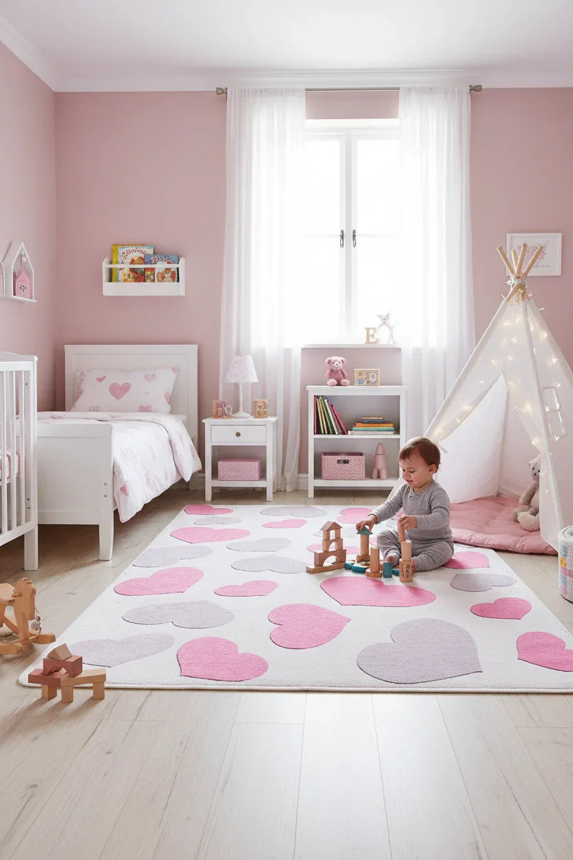Kalp Desenli Pembe Çocuk Halısı