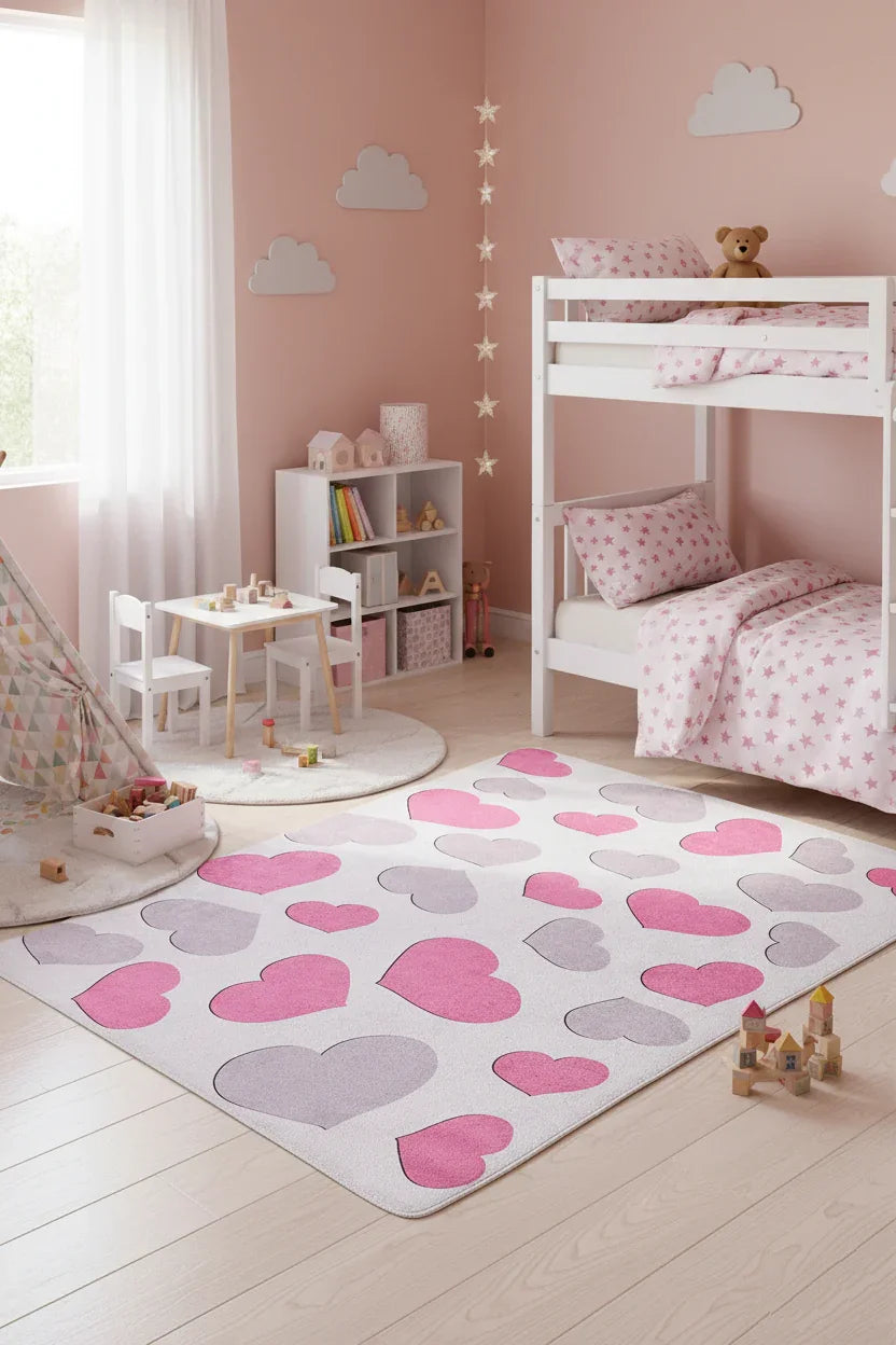 Kalp Desenli Pembe Çocuk Halısı