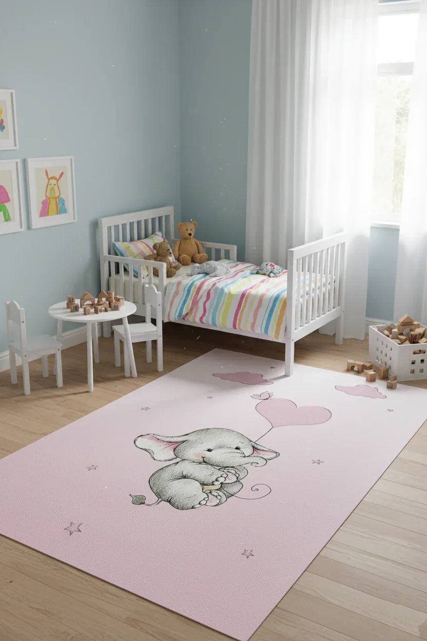 Kalpli Balonlu Fil Desenli Pembe Yıkanabilir Çocuk Halısı