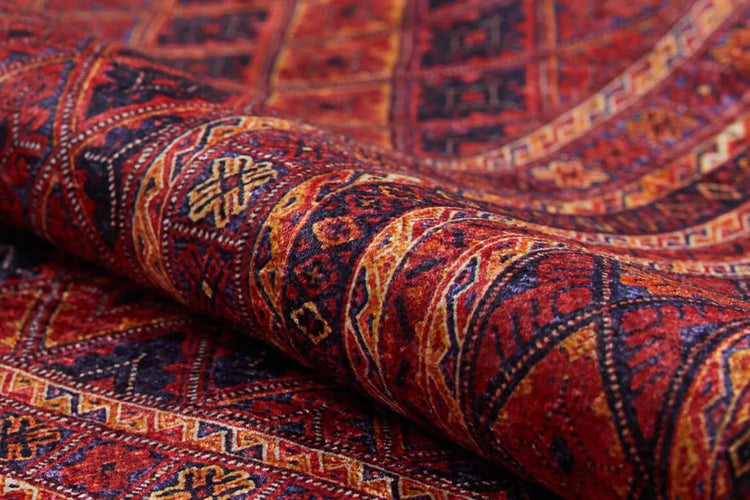Kiremit Kırmızı ve Lacivert Geometrik Desenli Anadolu Kilim Halı