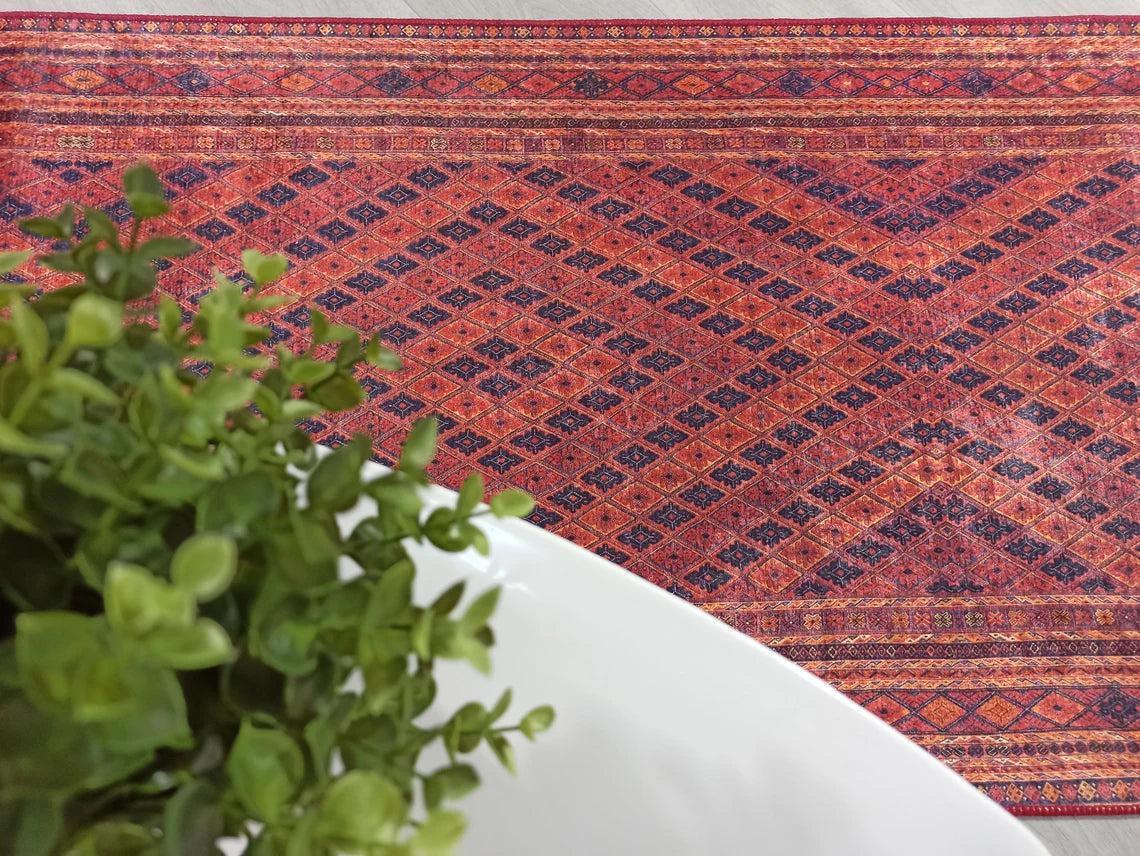Kiremit Kırmızı ve Lacivert Geometrik Desenli Anadolu Kilim Halı