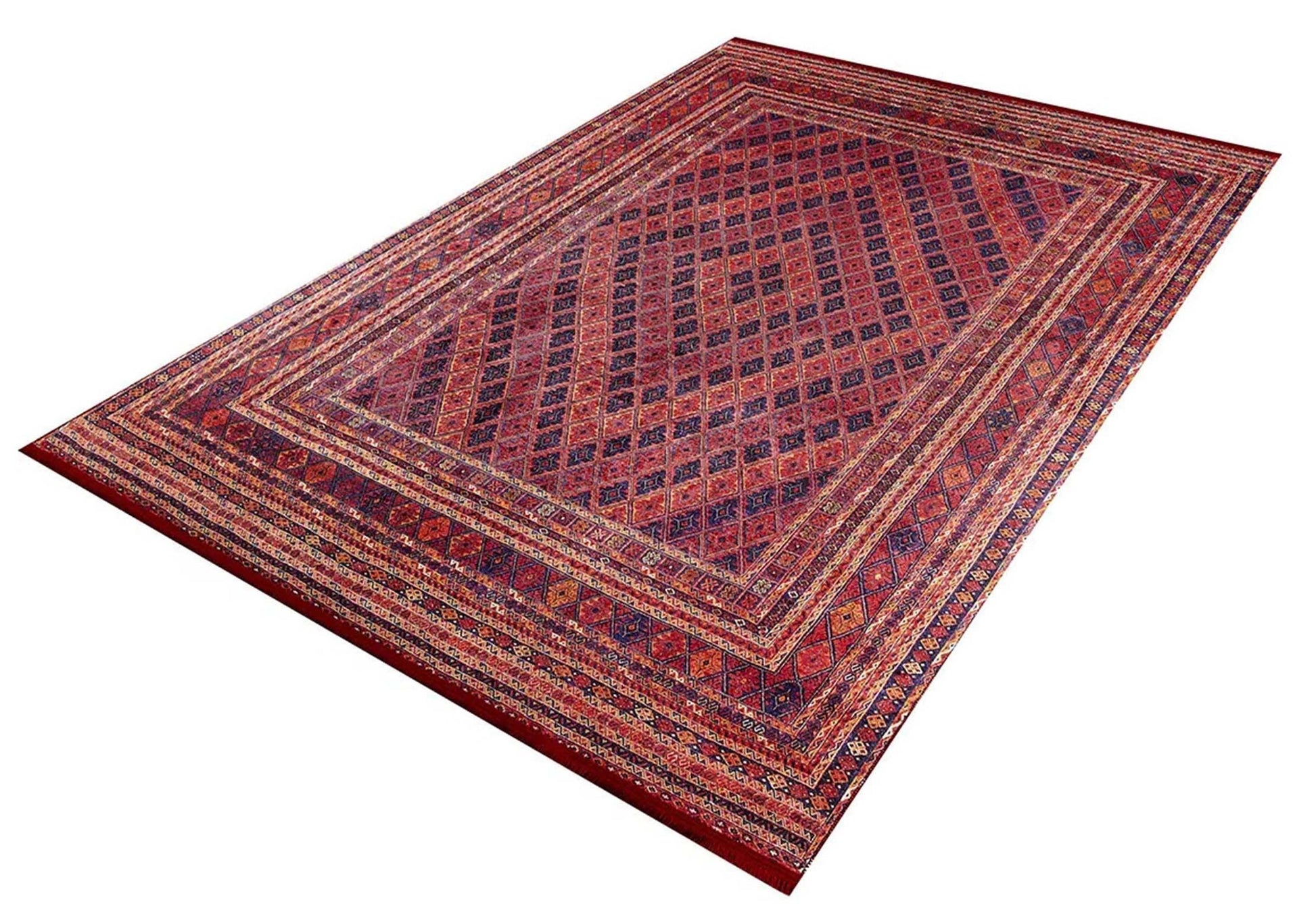 Kiremit Kırmızı ve Lacivert Geometrik Desenli Anadolu Kilim Halı