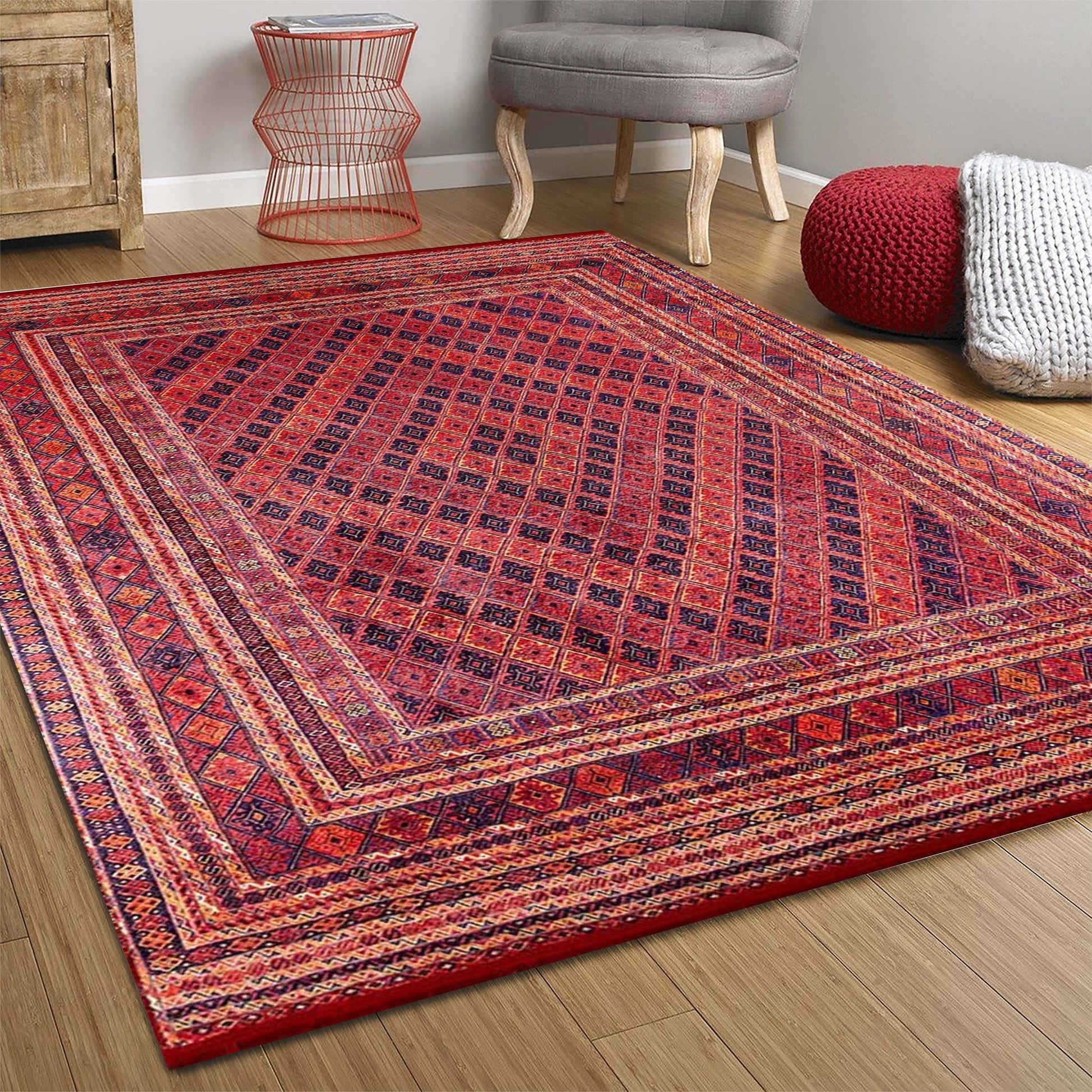Kiremit Kırmızı ve Lacivert Geometrik Desenli Anadolu Kilim Halı