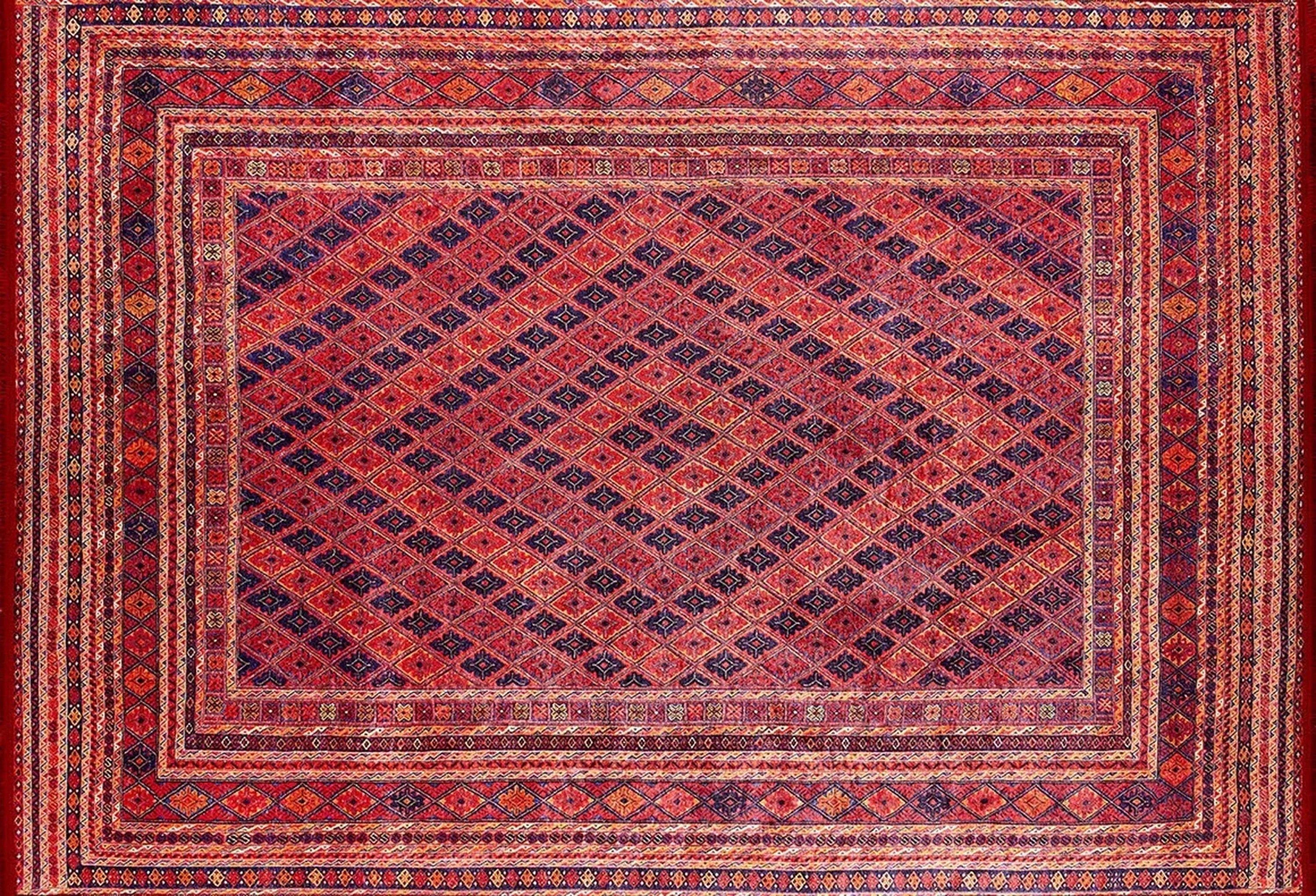 Kiremit Kırmızı ve Lacivert Geometrik Desenli Anadolu Kilim Halı