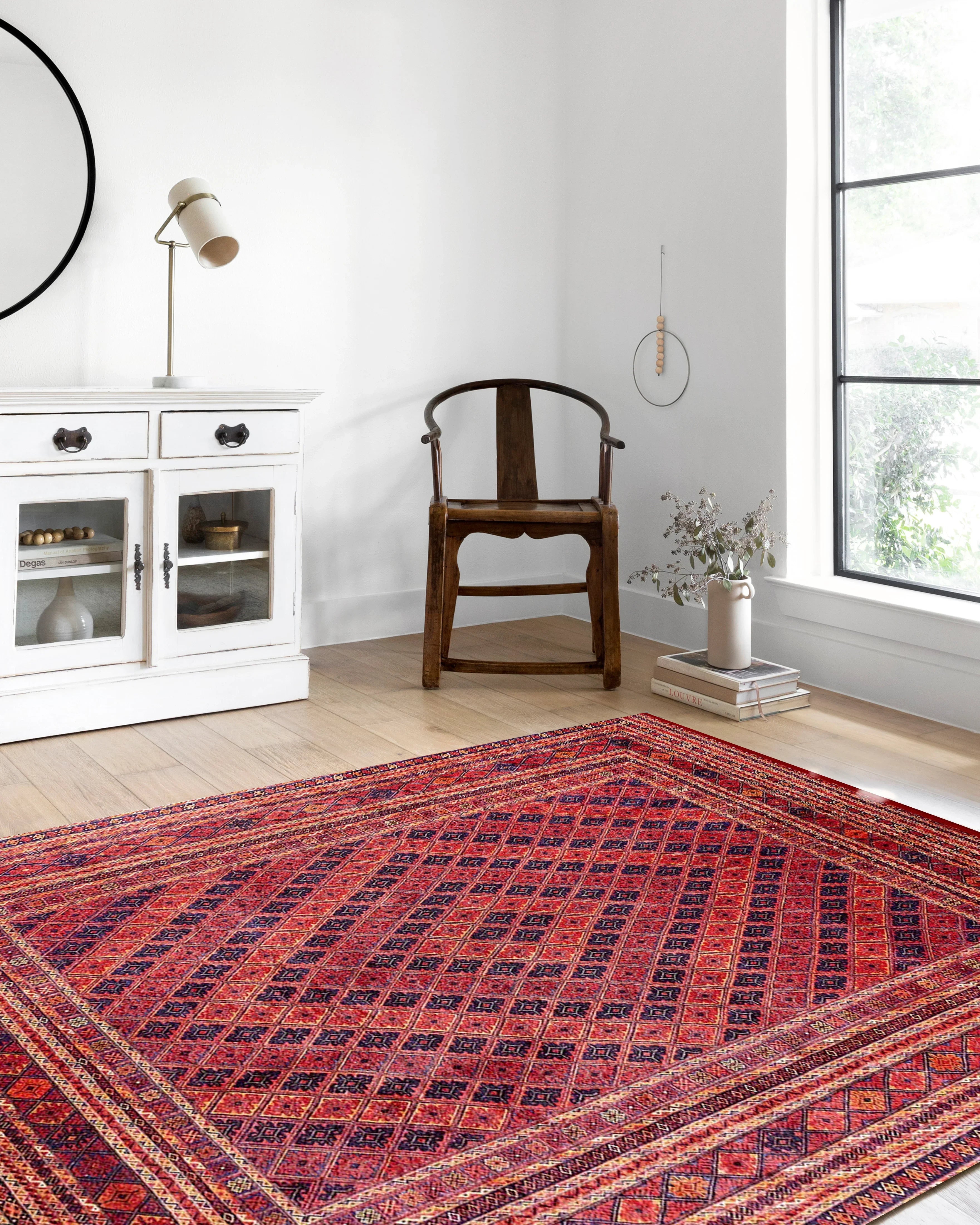 Kiremit Kırmızı ve Lacivert Geometrik Desenli Anadolu Kilim Halı