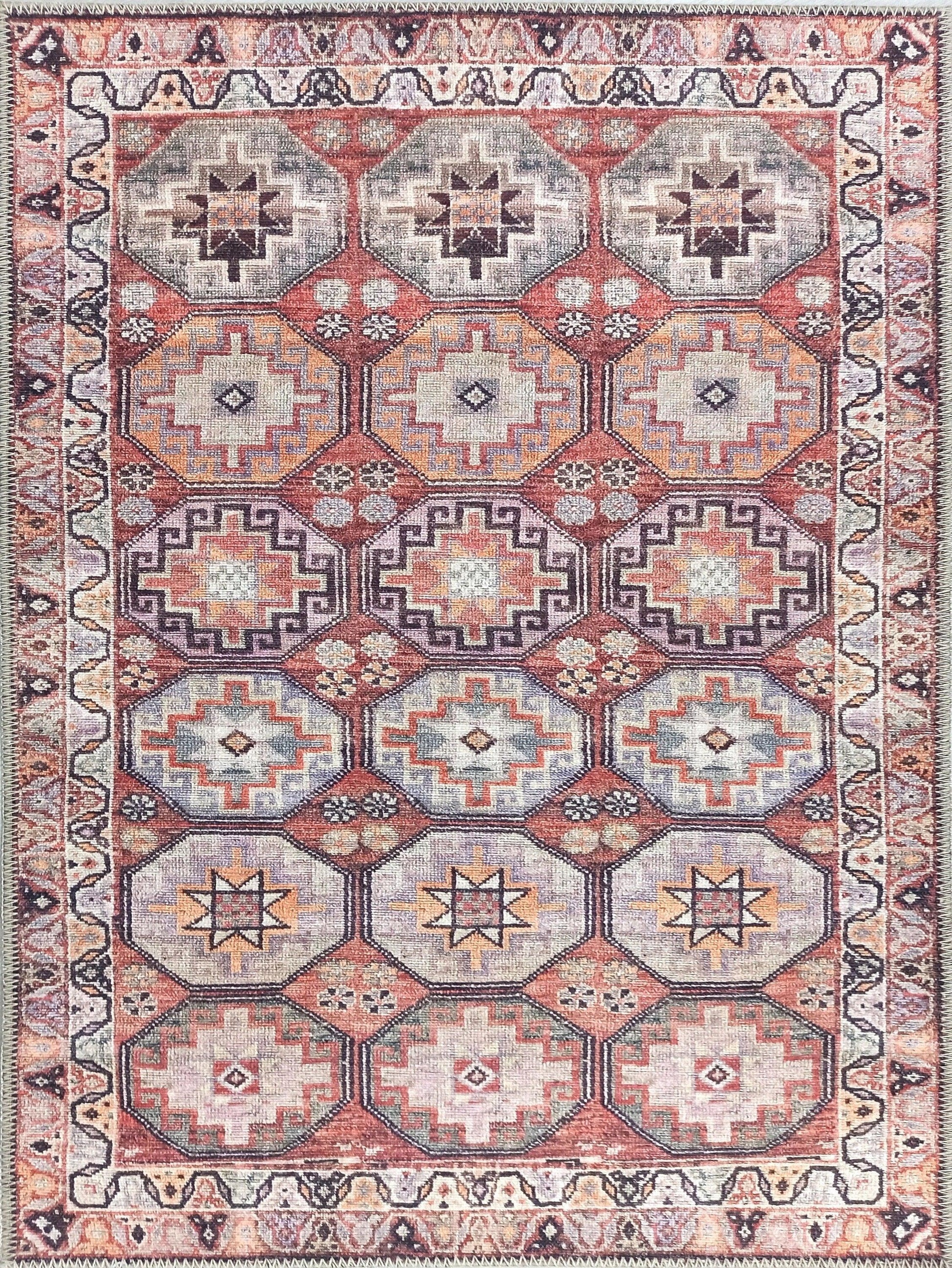 Kiremit ve Geometrik Desenli Vintage Halı