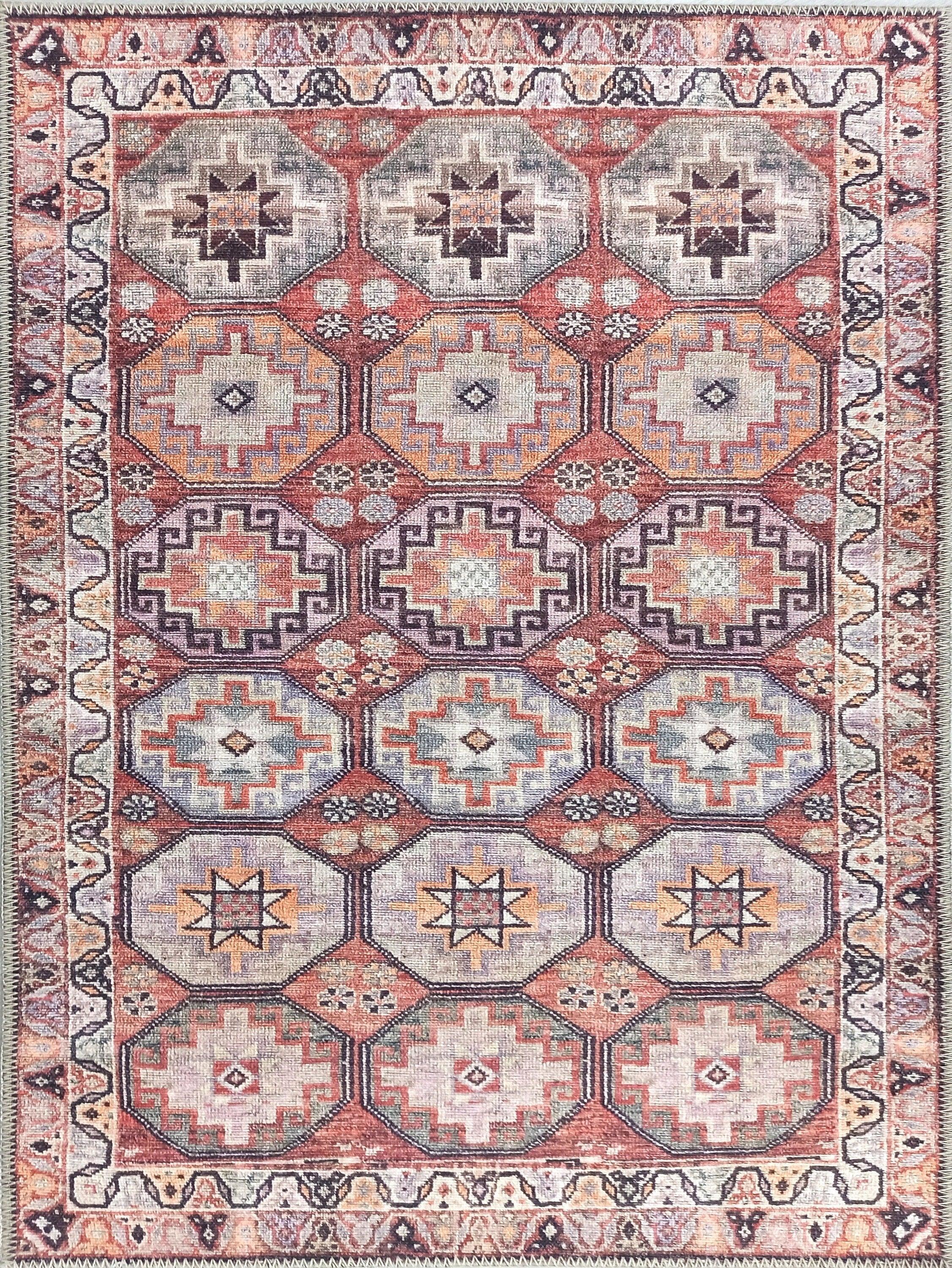 Kiremit ve Geometrik Desenli Vintage Halı