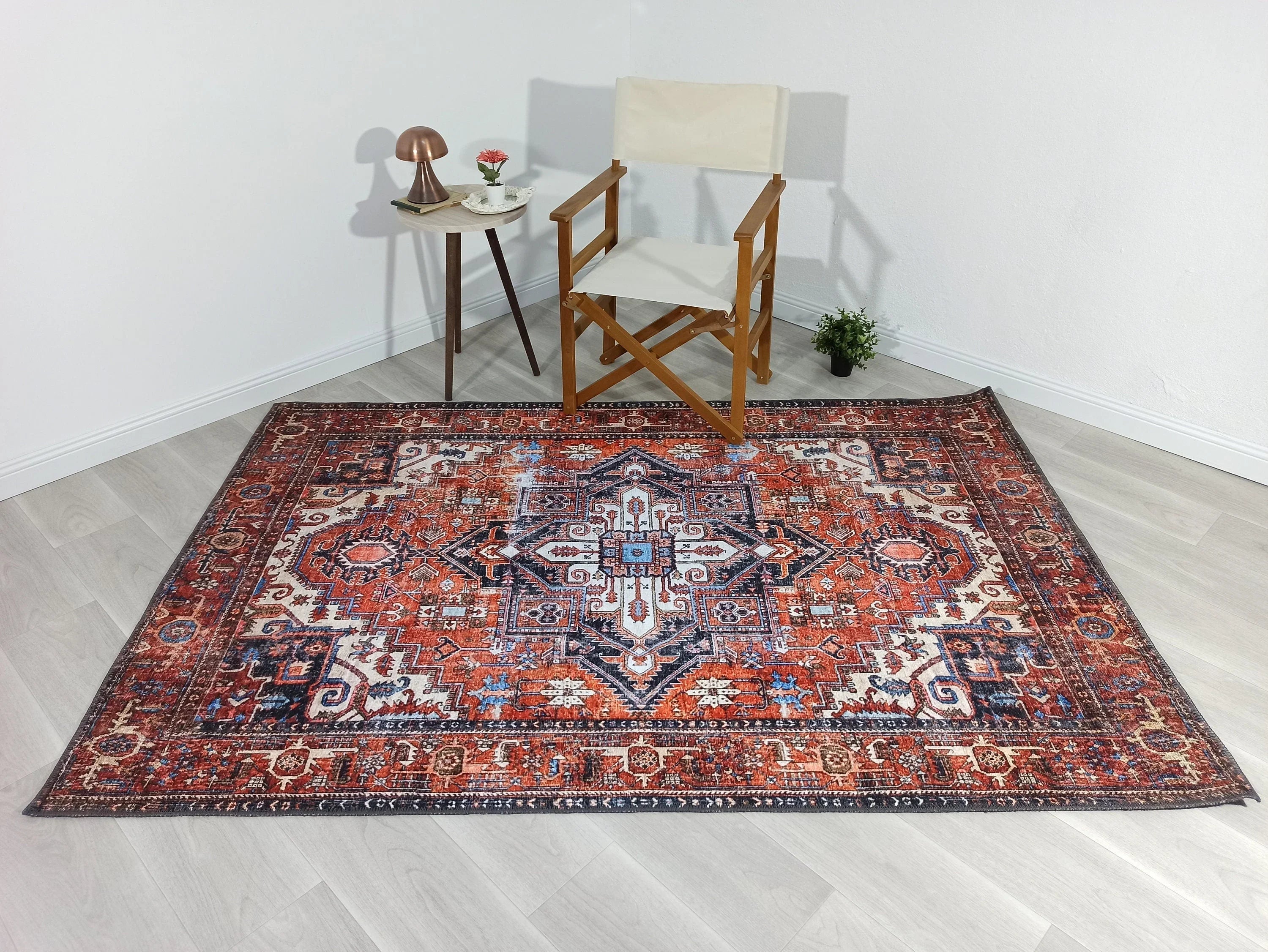 Kiremit ve Turuncu Tonlu İran Tarzı Vintage Halı