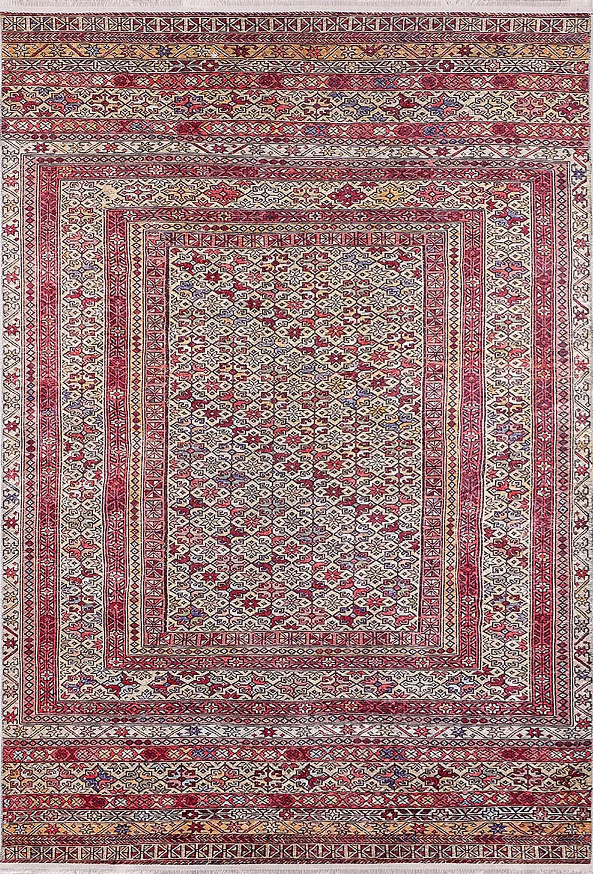 Kırmızı Bej Geleneksel Otantik Desenli Etnik Halı