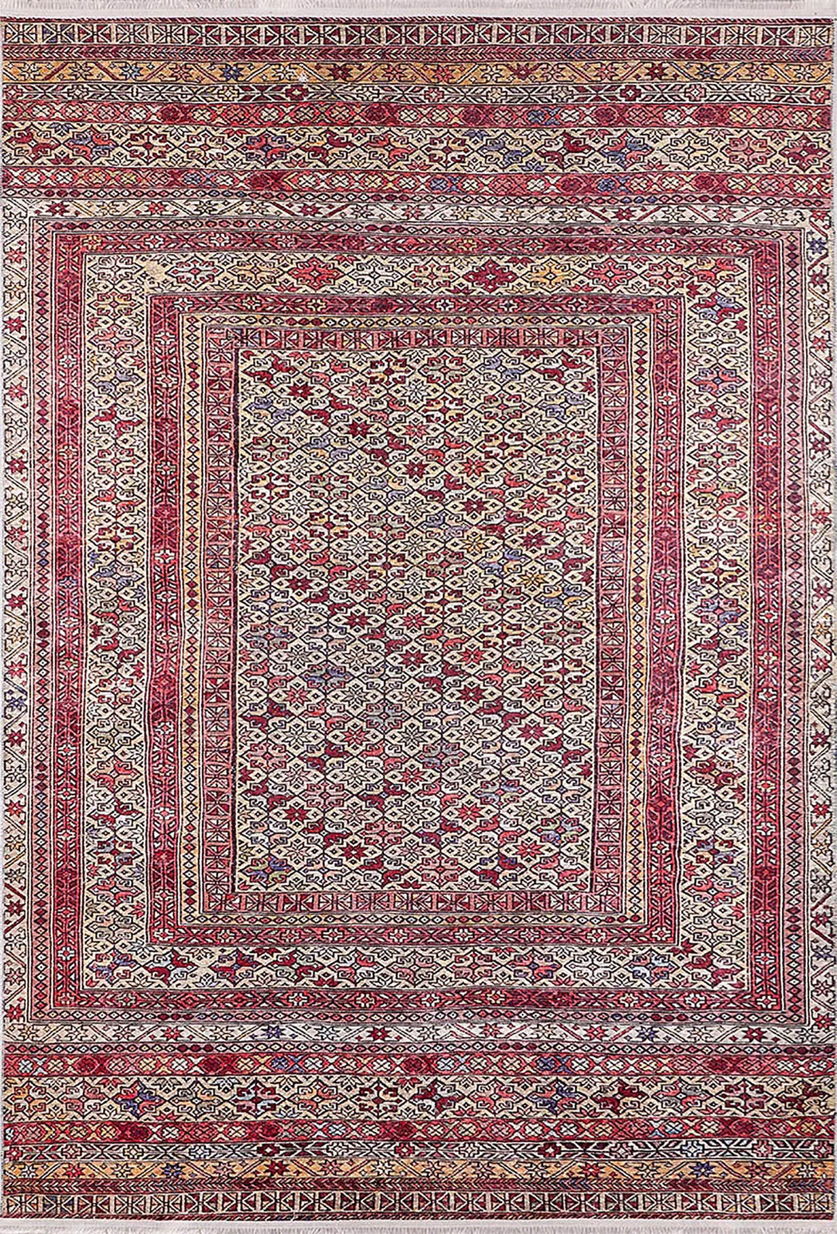 Kırmızı Bej Geleneksel Otantik Desenli Etnik Halı