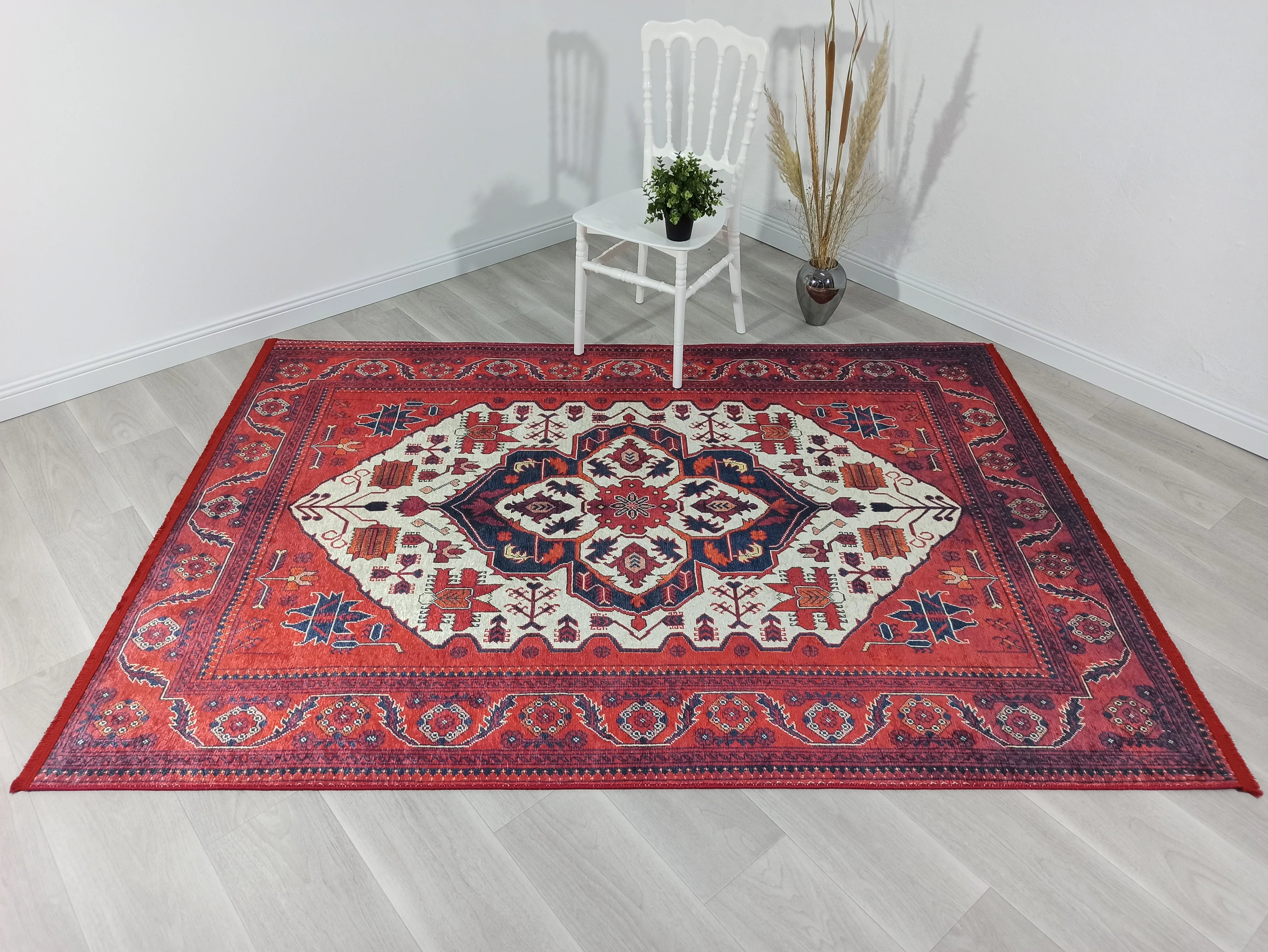 Kırmızı Bej Geometrik Desenli Anadolu Kilim Halı