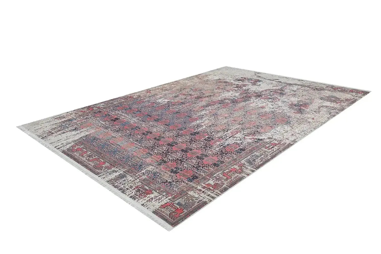 Kırmızı Eskitme Geometrik Desenli Halı