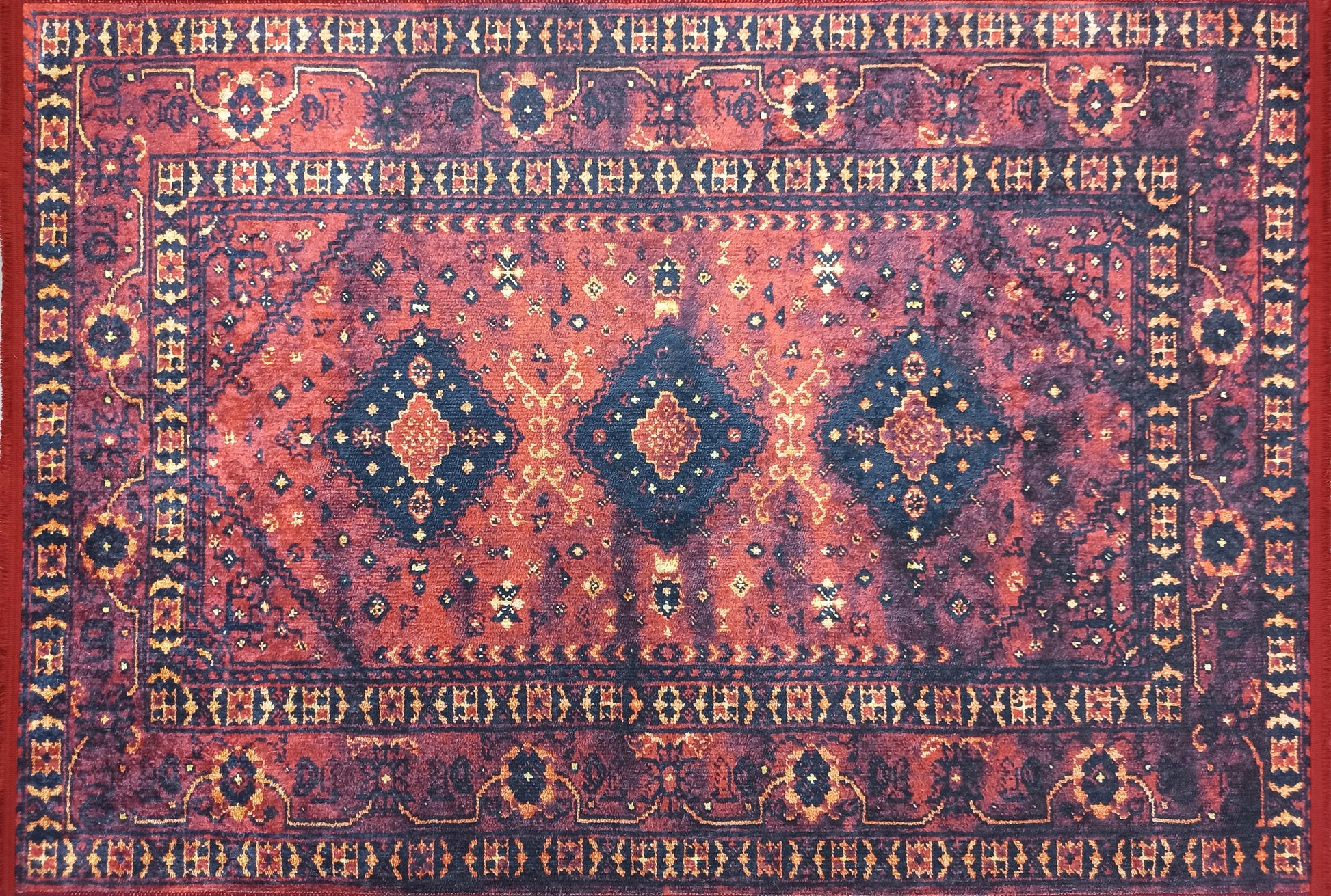 Kırmızı Lacivert Geometrik Desenli Halı