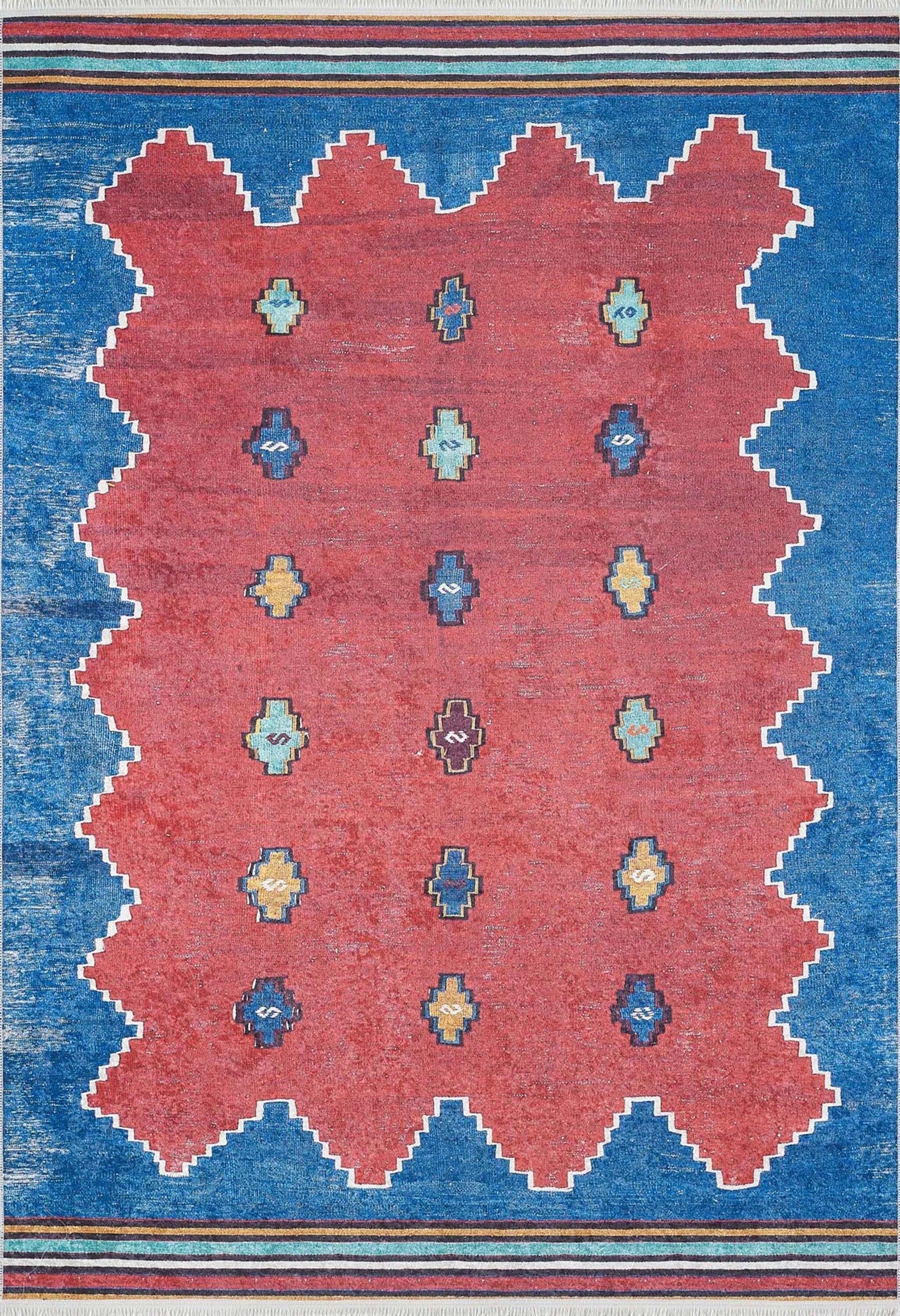 Kırmızı Mavi Geometrik Desenli Düz Dokuma Kilim Halı