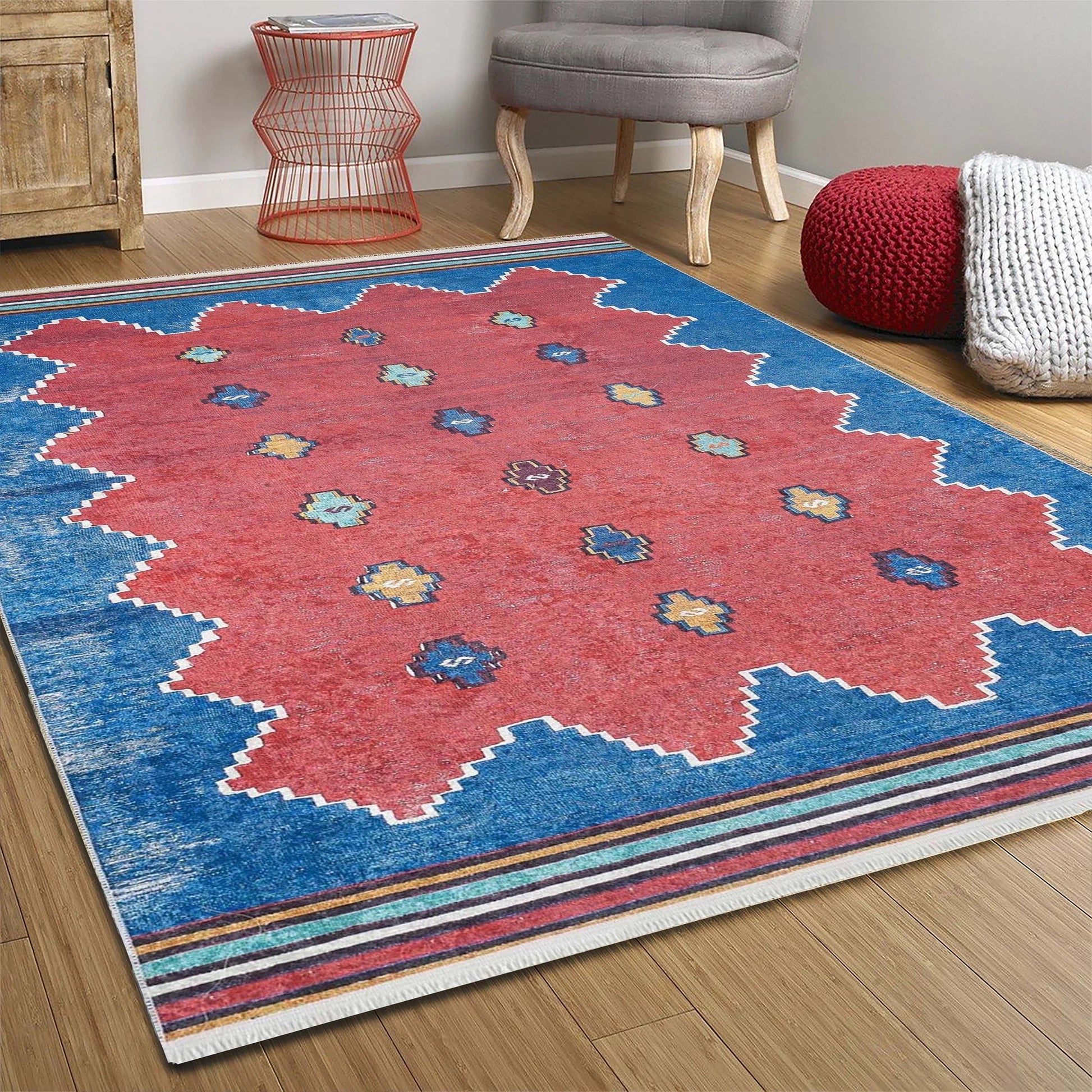 Kırmızı Mavi Geometrik Desenli Düz Dokuma Kilim Halı